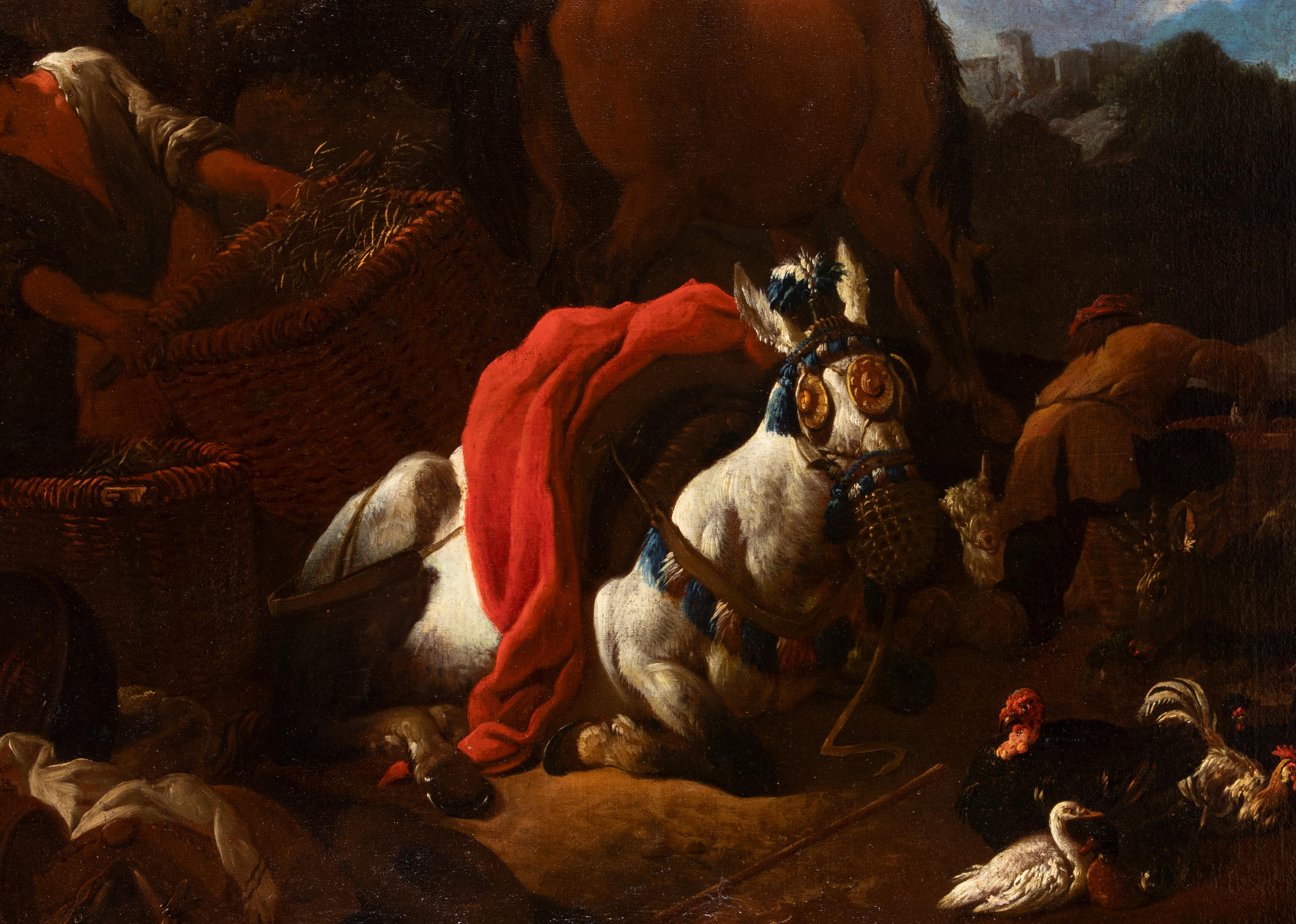 Paesaggio con mercanti che sistemano le merci - Dipinto a olio - Fine del XVII secolo - Painting di Unknown