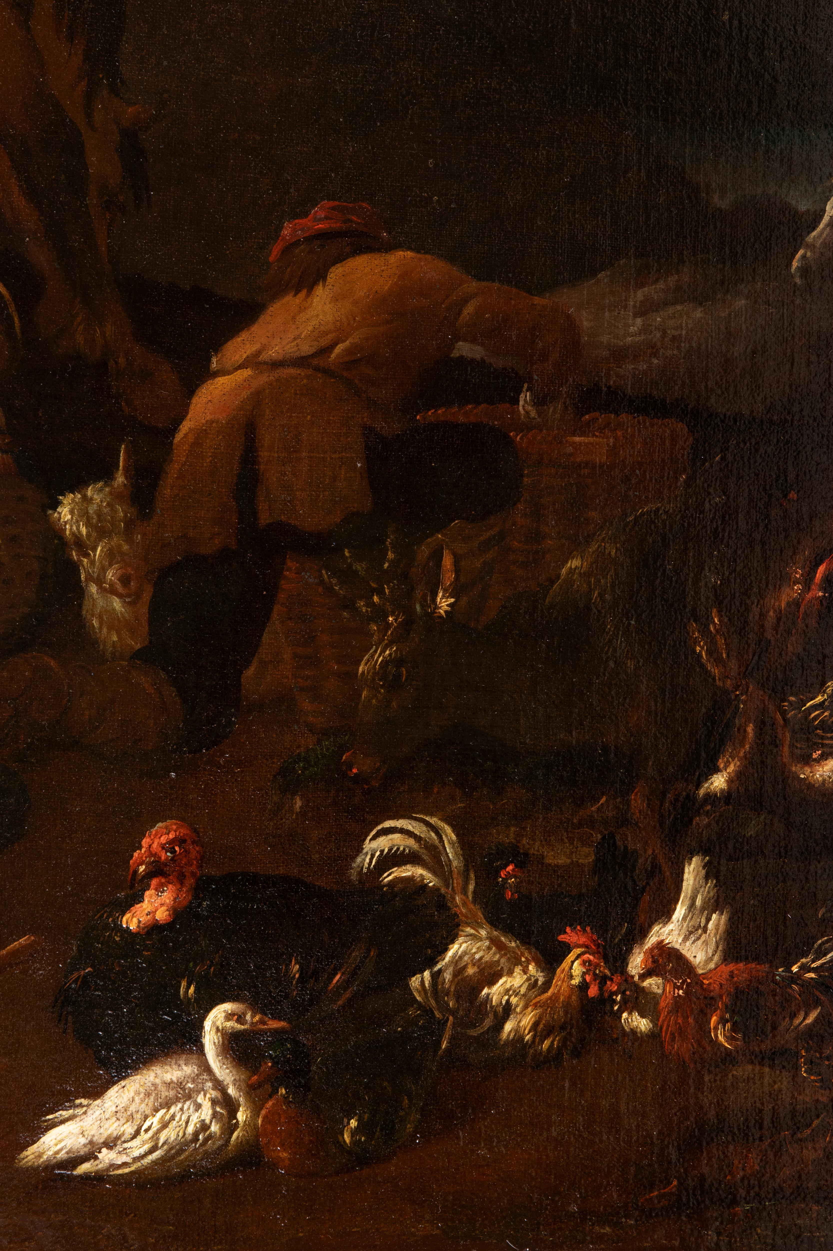 Paesaggio con mercanti che sistemano le merci - Dipinto a olio - Fine del XVII secolo - Figurative Painting Nero di Unknown