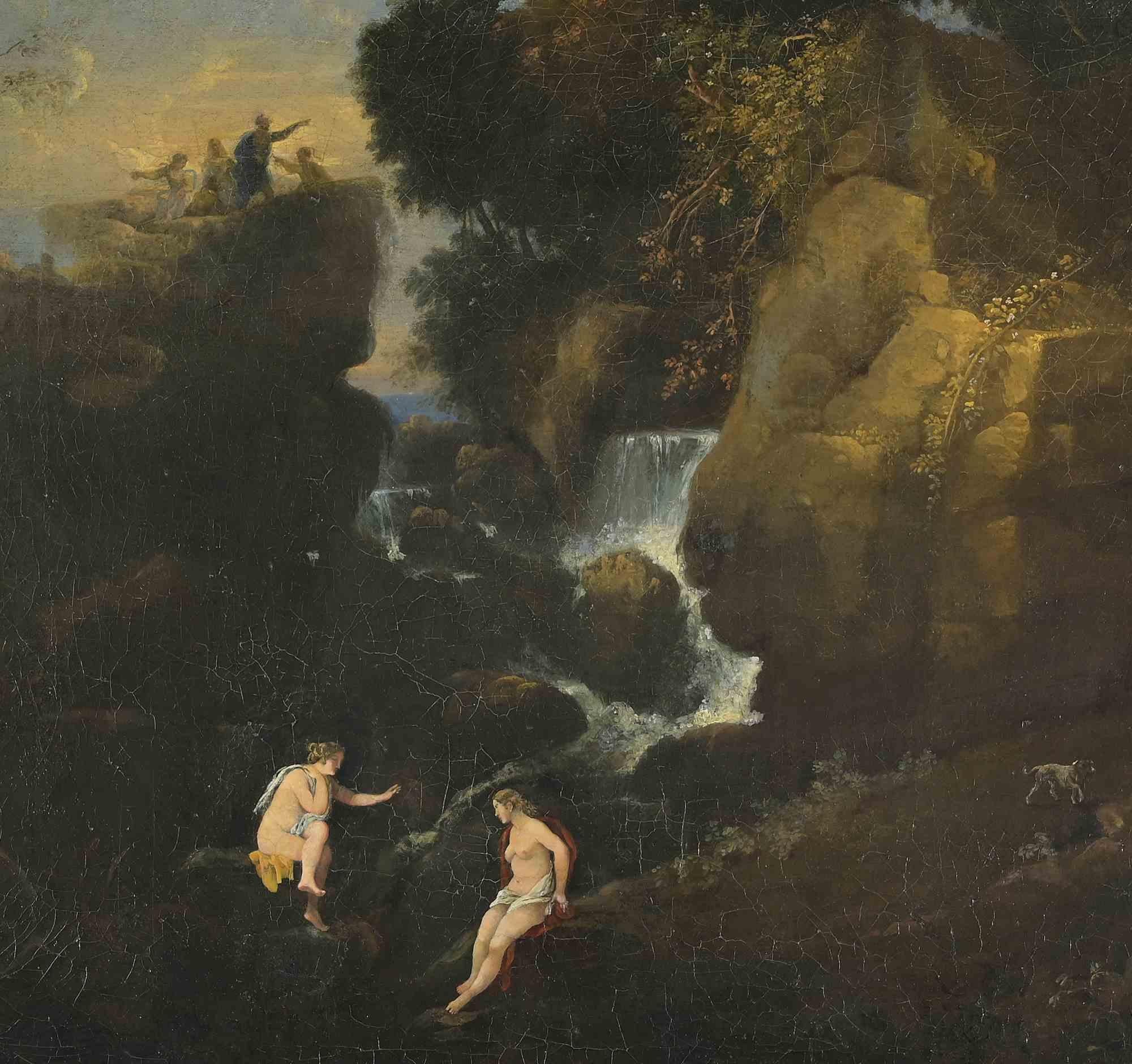 Paesaggio con nudi e cascata - Pittura ad olio  - 17° secolo - Painting Antichi maestri di Unknown