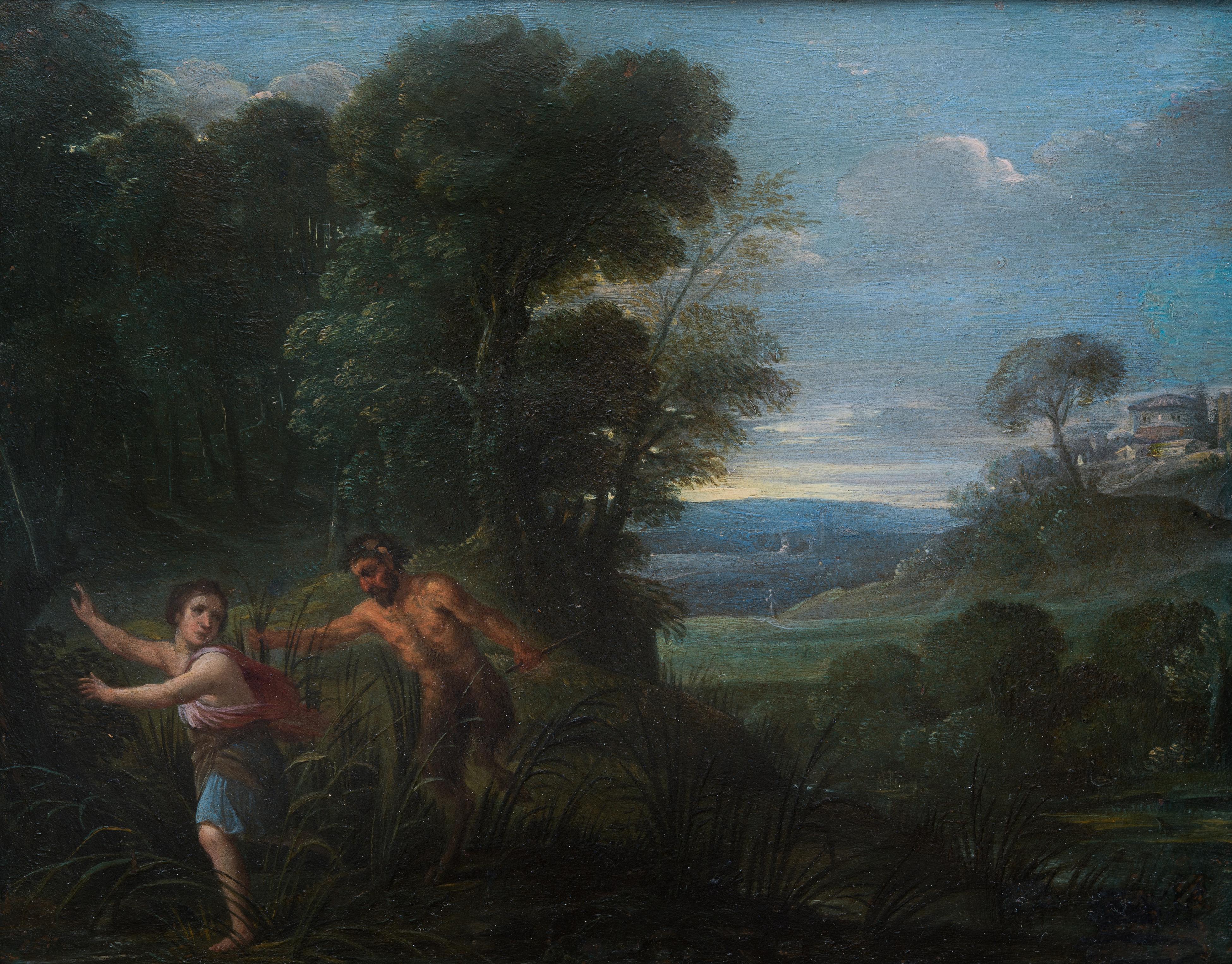 Paysage avec Pan et Syrinx, école flamande des années 1600, huile sur cuivre - Painting de Unknown