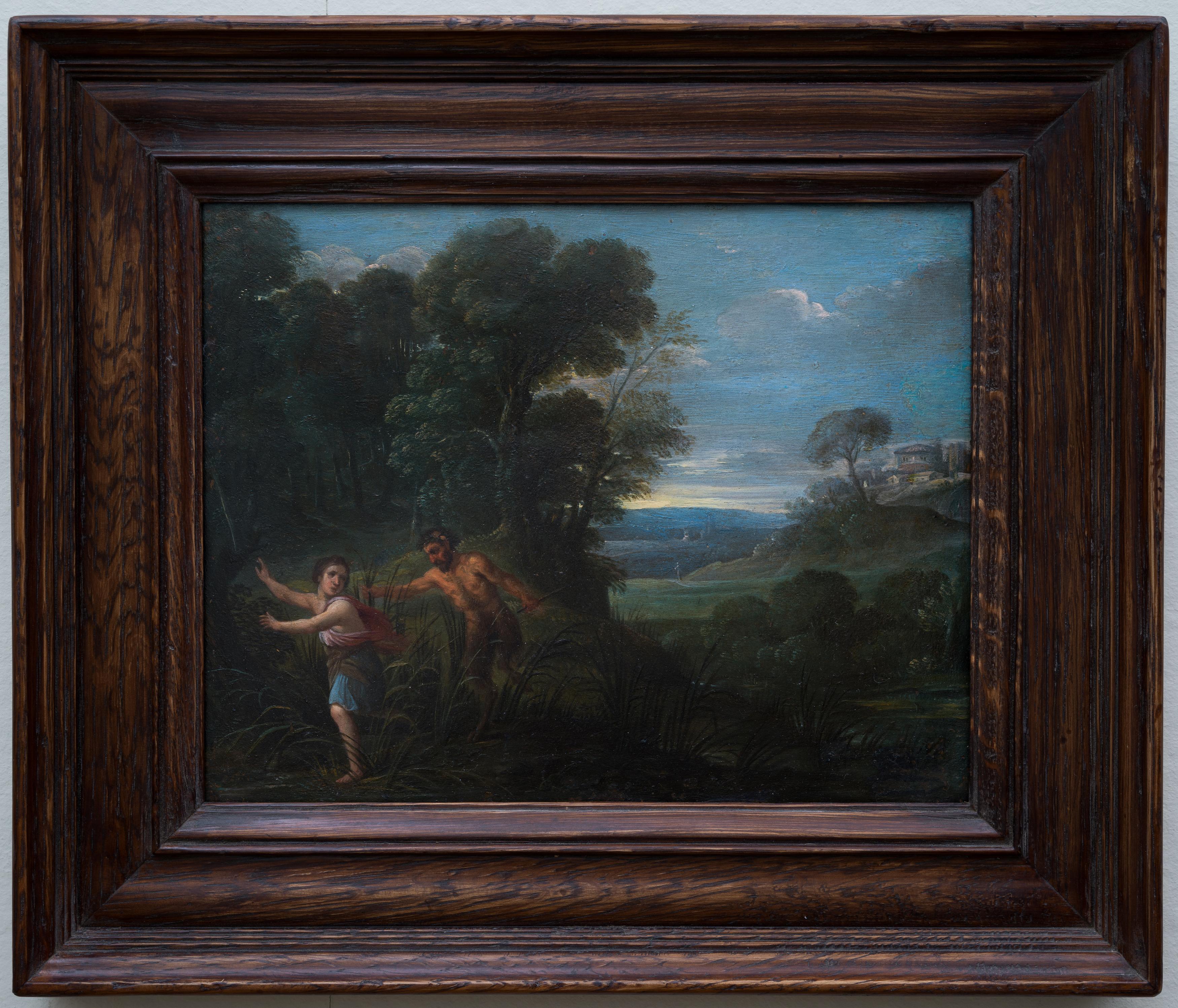 Paysage avec Pan et Syrinx, école flamande des années 1600, huile sur cuivre