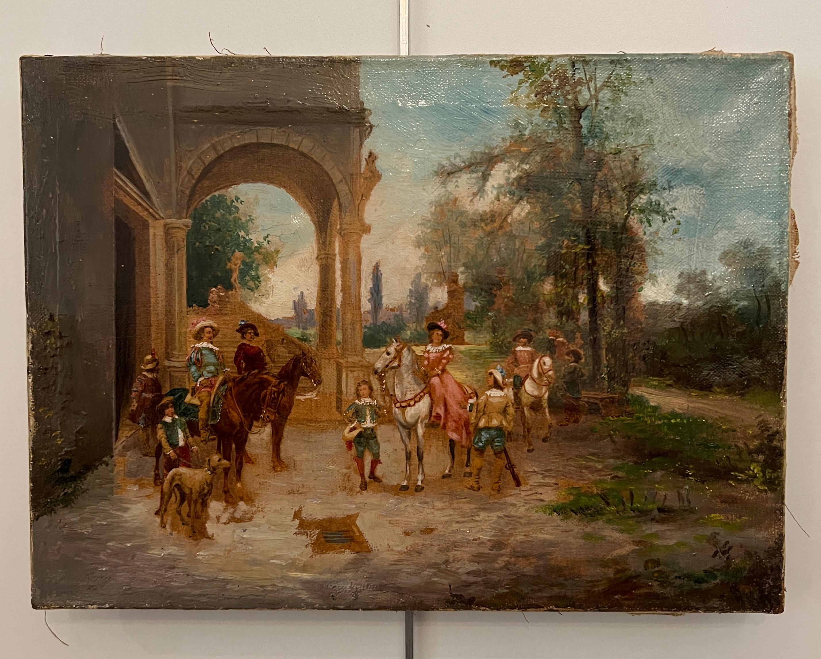 Landscape with riders and figures - Painting by Unknown