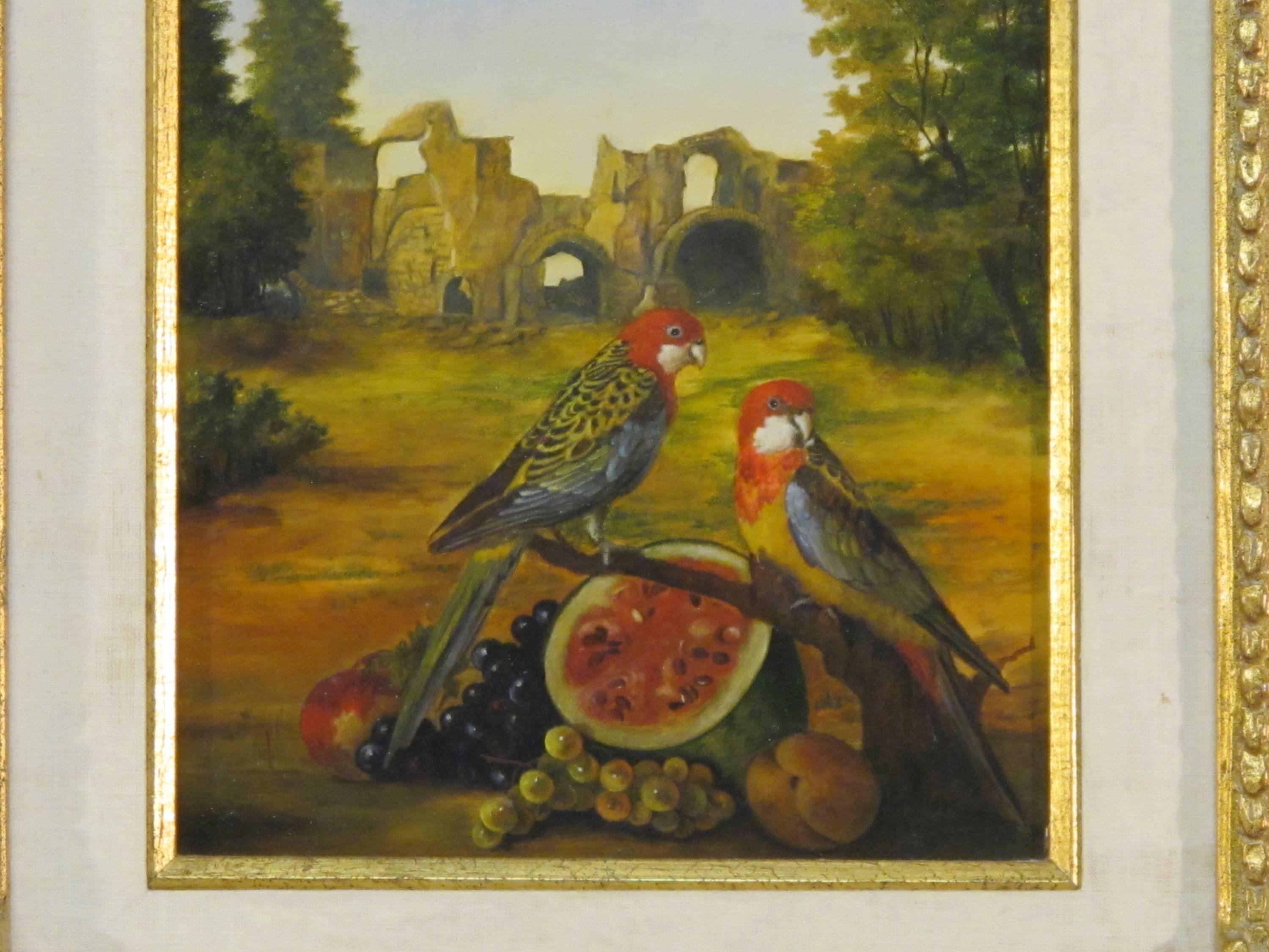Landscape with Ruins, Parrots & Watermelon (painting) French School 19th Century - Painting by Unknown