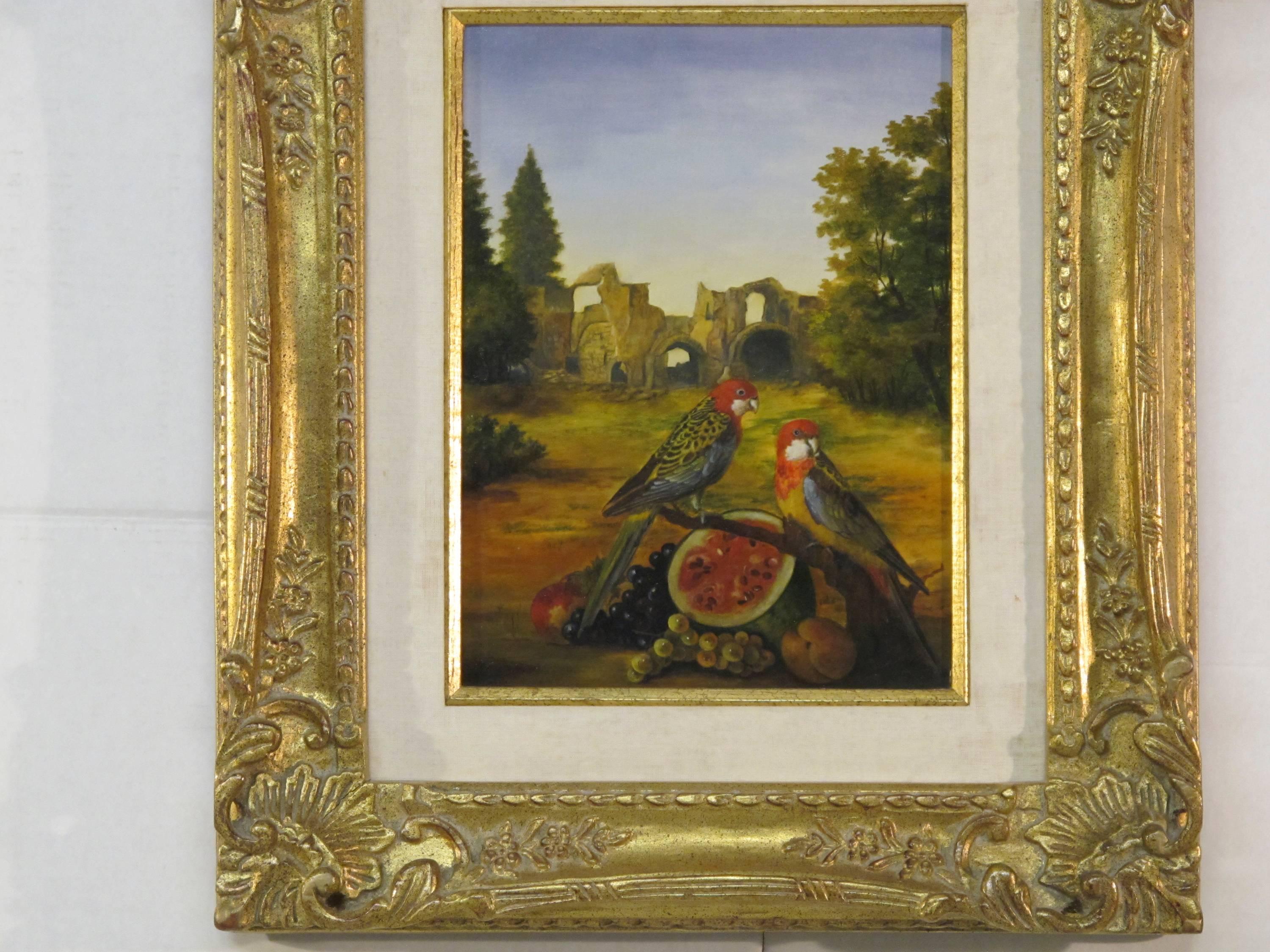 Landscape with Ruins, Parrots & Watermelon (painting) French School 19th Century - Old Masters Painting by Unknown