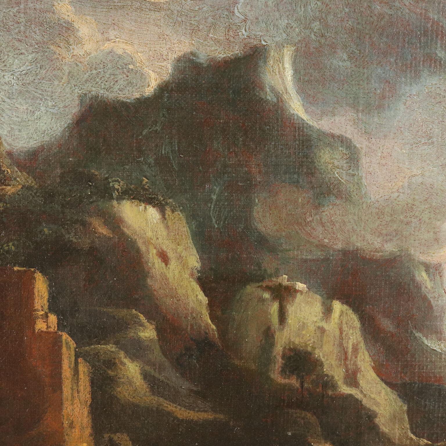 Landscape with Ruins and Figures Oil on Board 18th Century 5