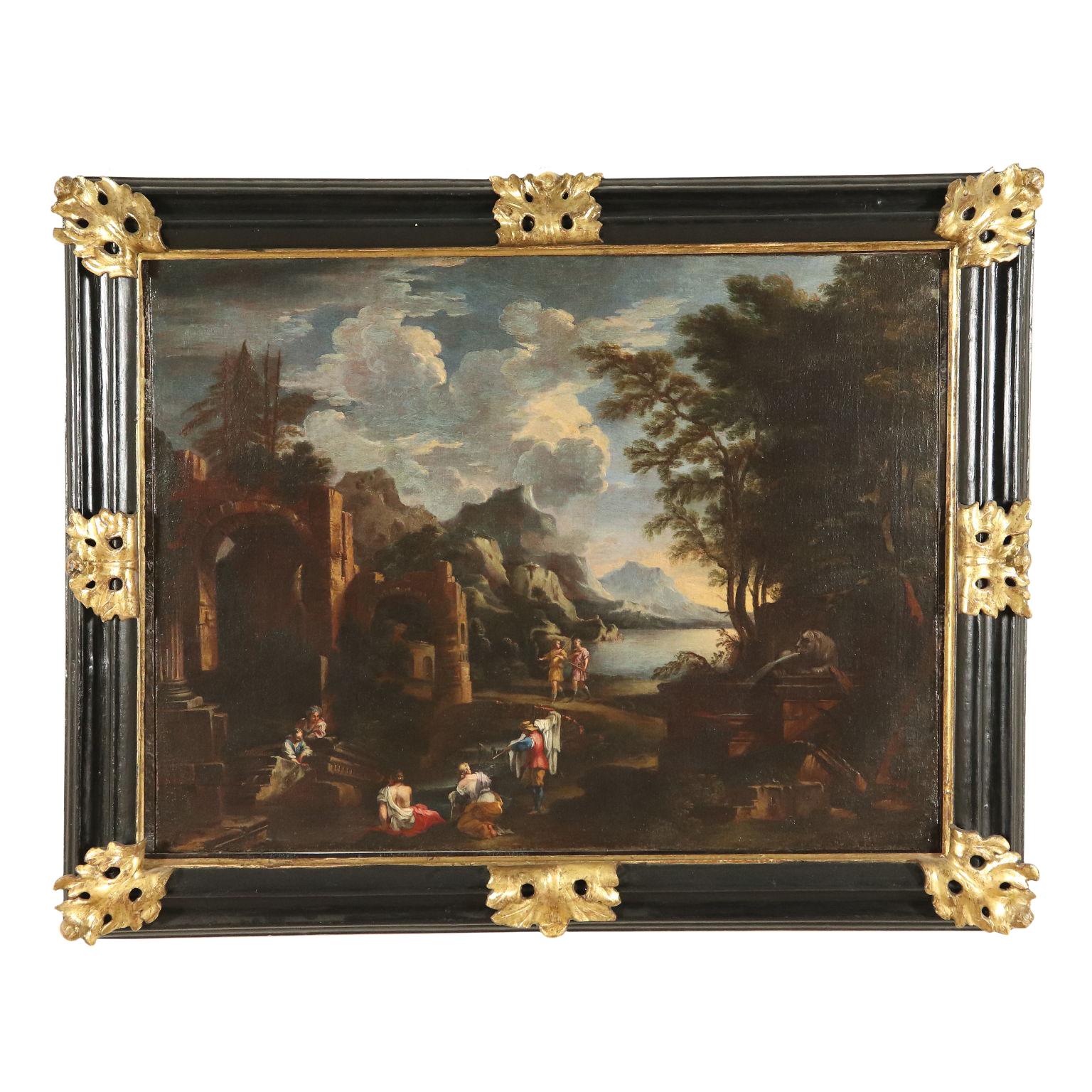 Unknown Landscape Painting - Landscape with Ruins and Figures Oil on Board 18th Century