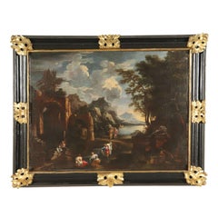 Landscape with Ruins and Figures Oil on Board 18th Century