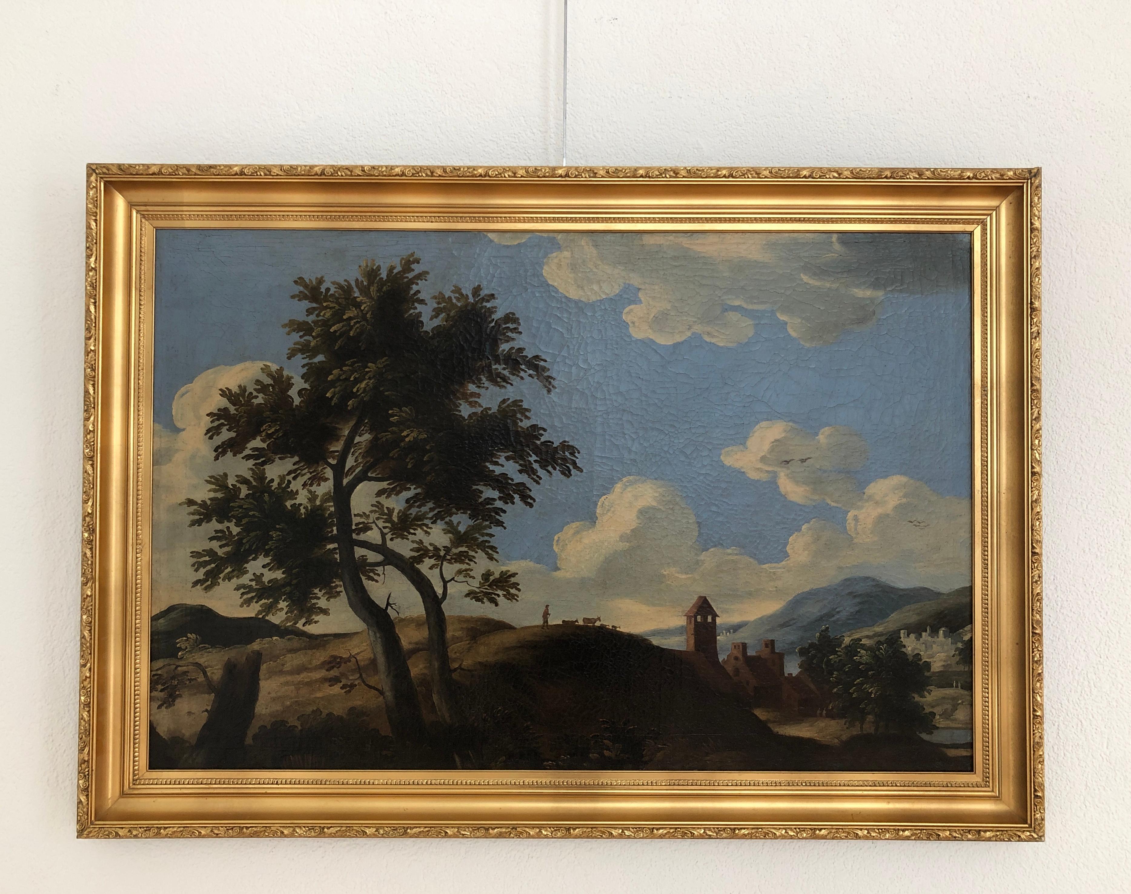 Landscape with Shepherd and Flock - Painting by Unknown