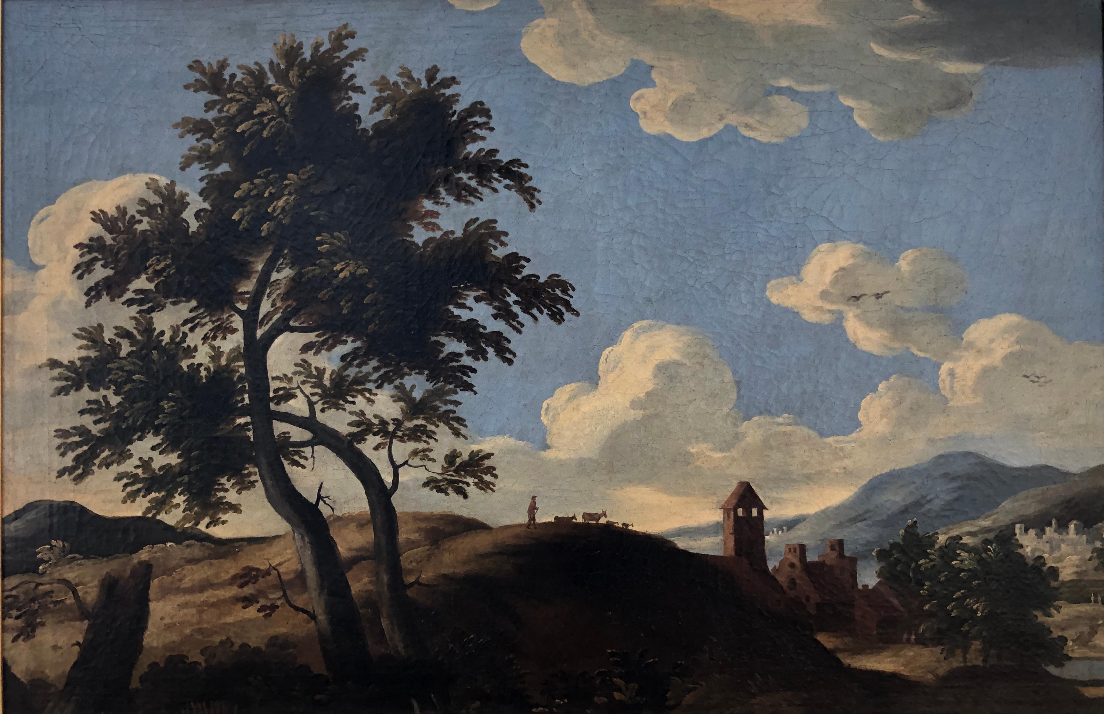 Paysage avec berger et horloge