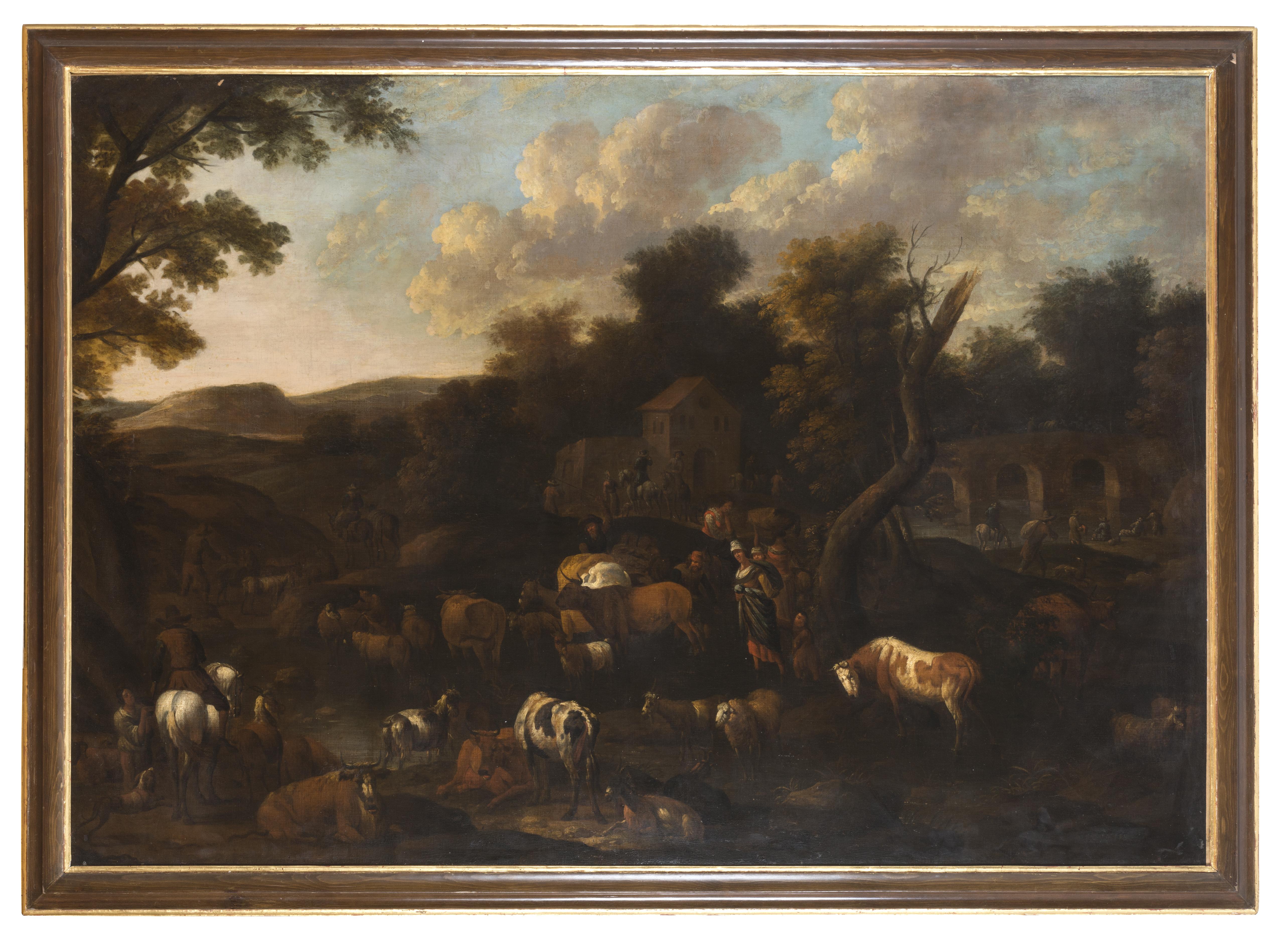 Unknown Figurative Painting - Landscape with Shepherds and Flocks - Oil on Canvas by Flemish Master - 1600