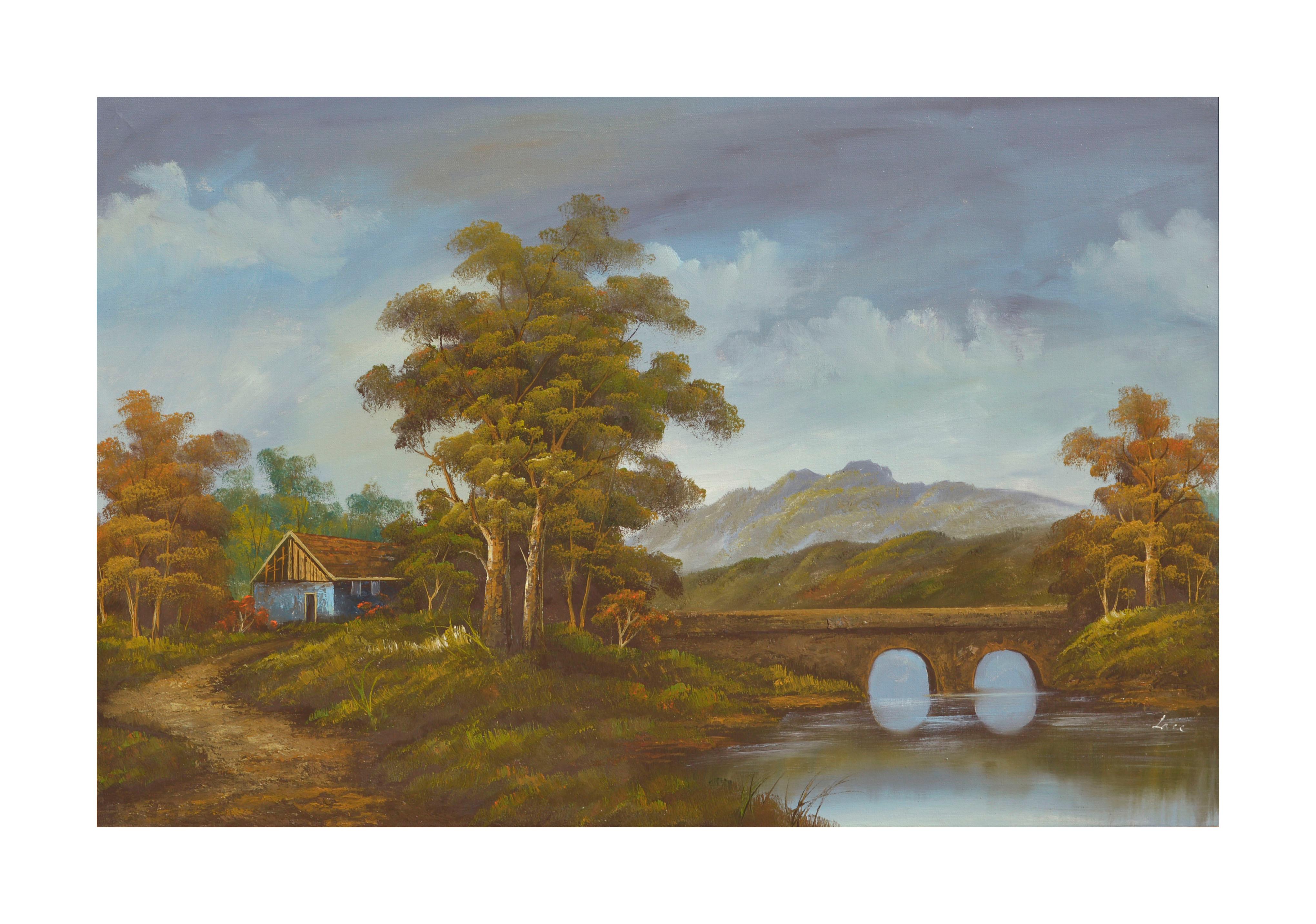 Mid Century Landscape with Stone Bridge  - Painting by Unknown