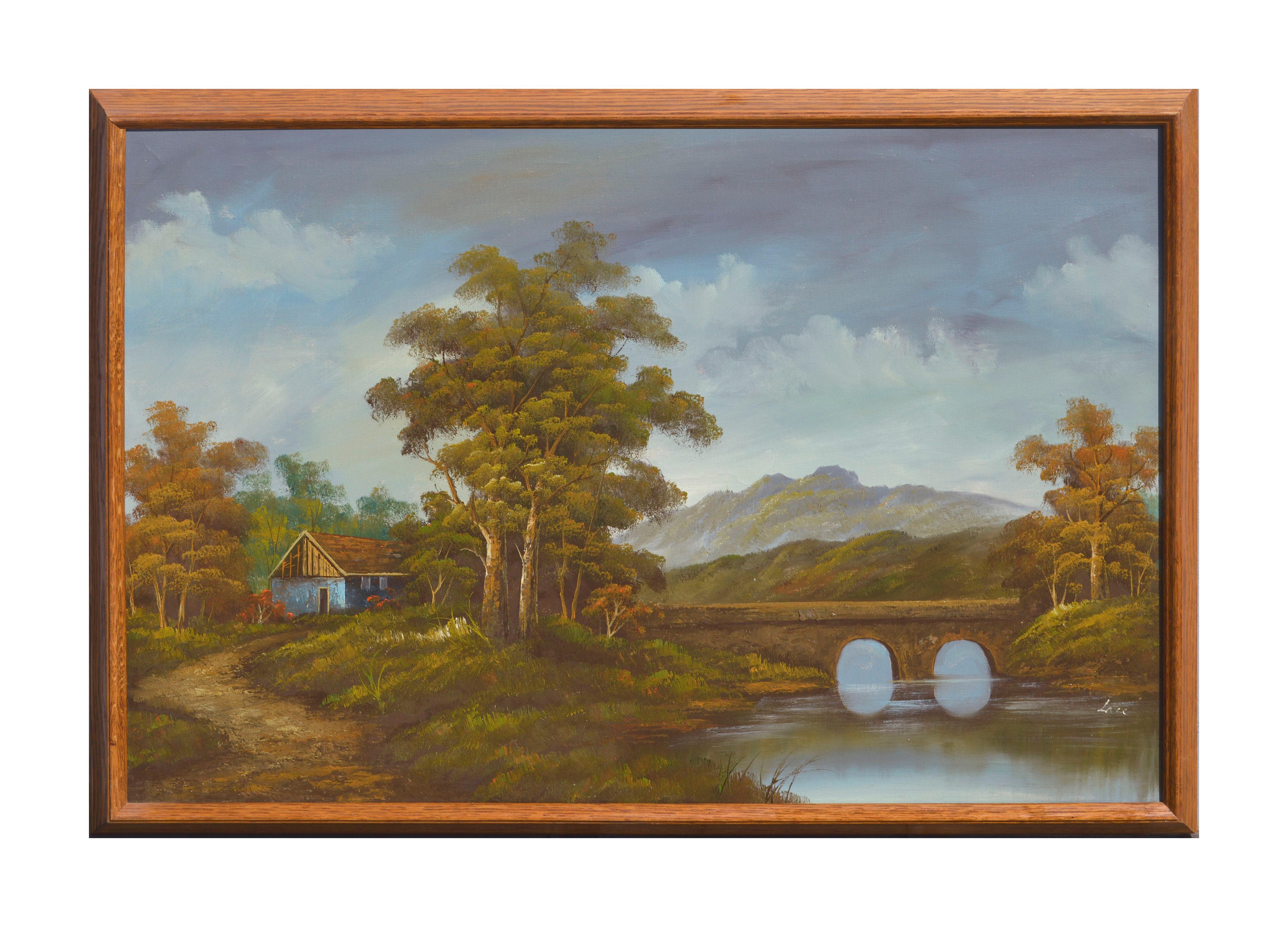 Unknown Landscape Painting - Mid Century Landscape with Stone Bridge 