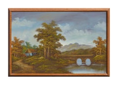 Vintage Mid Century Landscape with Stone Bridge 