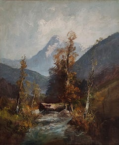 Paysage avec ruisseau et montagne