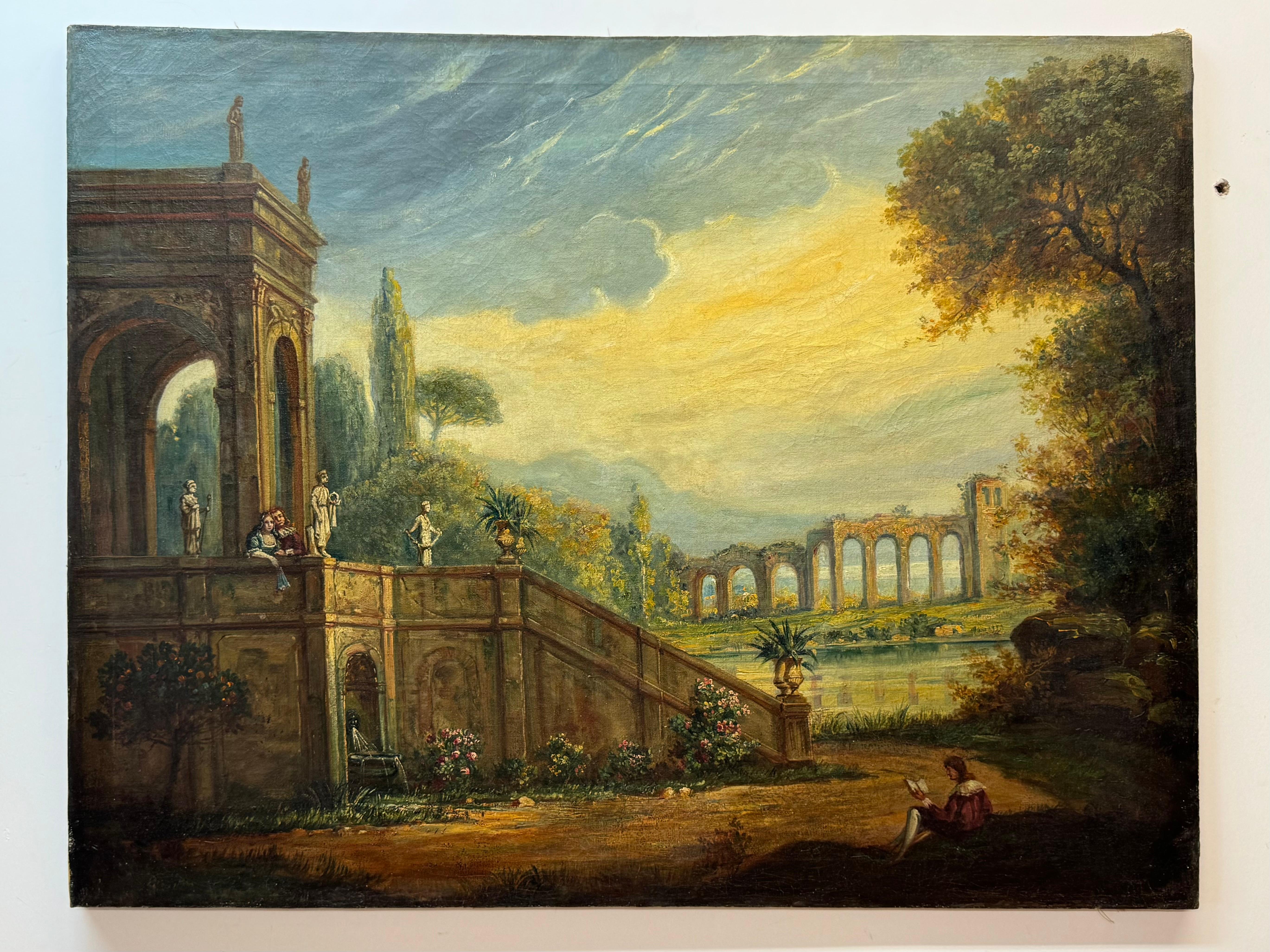 Unknown Landscape Painting – Landschaft mit Tempelruinen und Figuren