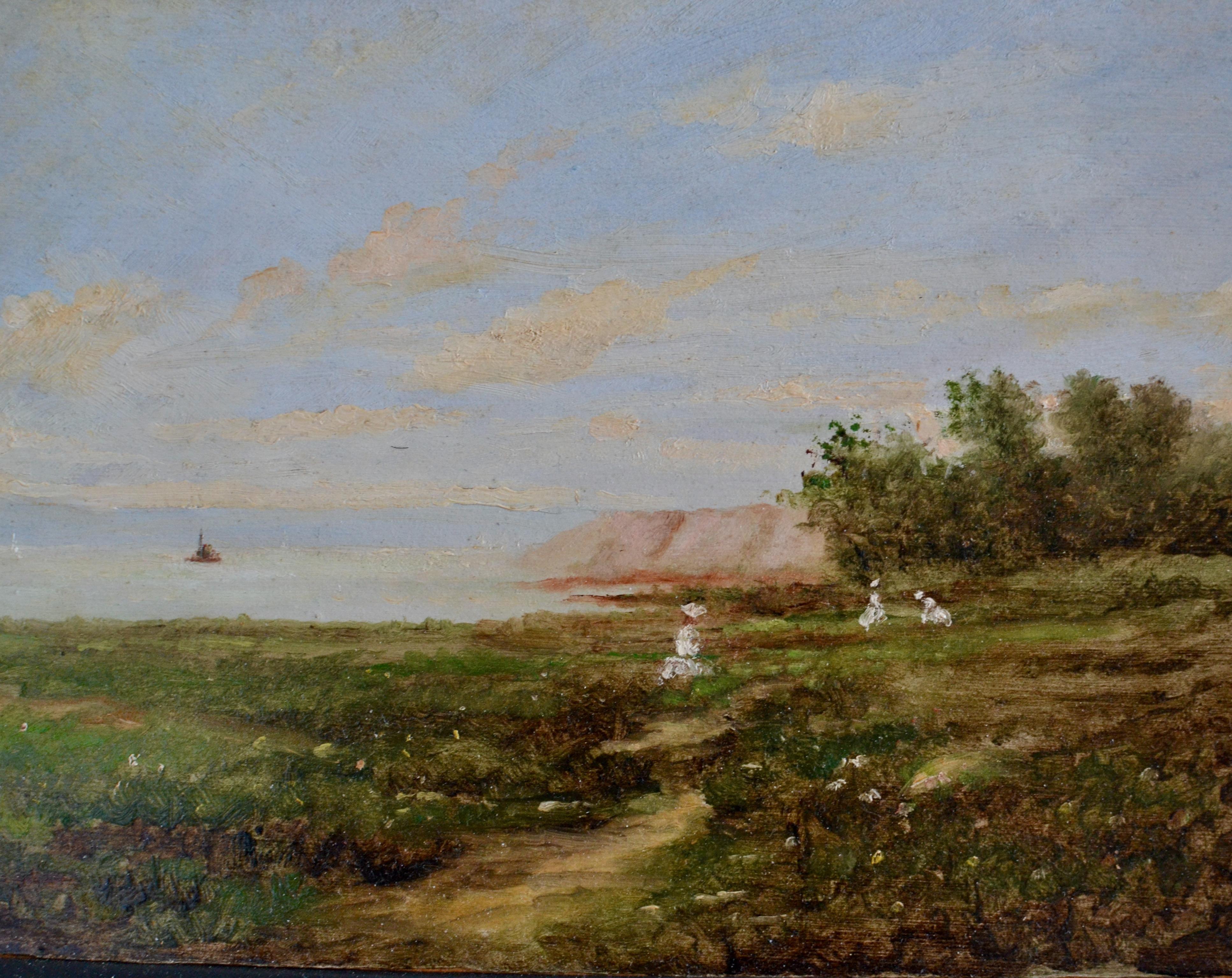 Paesaggio con donne che raccolgono fiori, forse sull'isola di Mön - Landscape Painting Grigio di Unknown