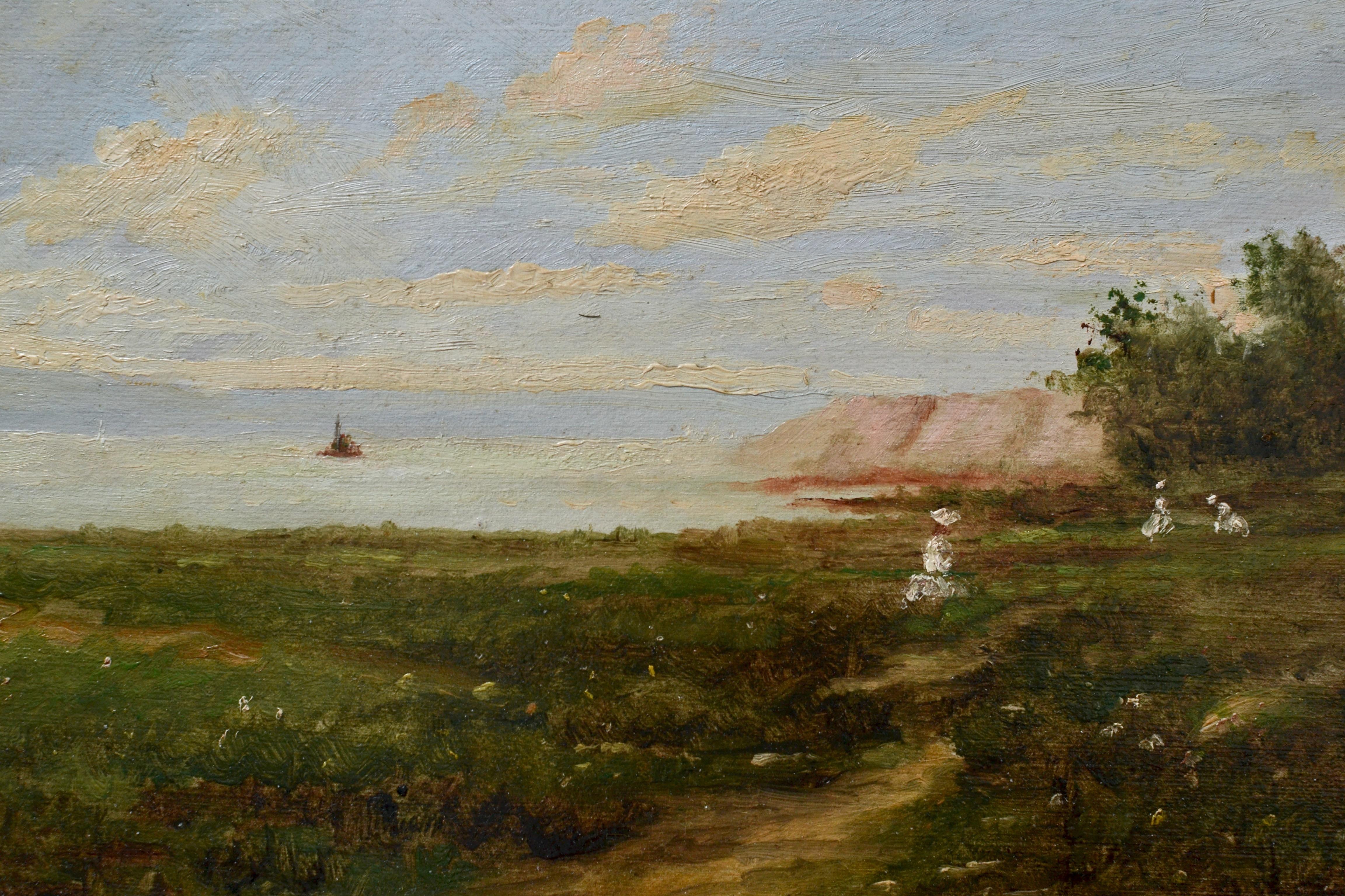 Un piccolo studio plein air di tre donne che raccolgono fiori in un prato vicino a scogliere bianche e al mare. All'orizzonte, dove il cielo finisce, i contorni della terraferma sono visibili come un'ombra attraverso la foschia solare. Nel mare,
