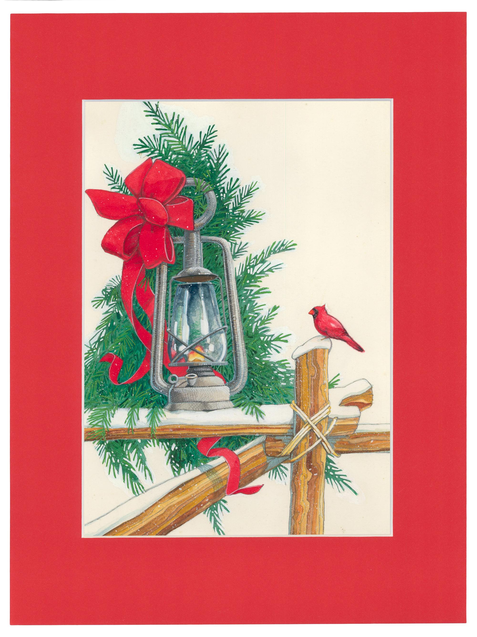 Lanterne et Cardinal en forme de neige, aquarelle de vacances - Painting de Unknown