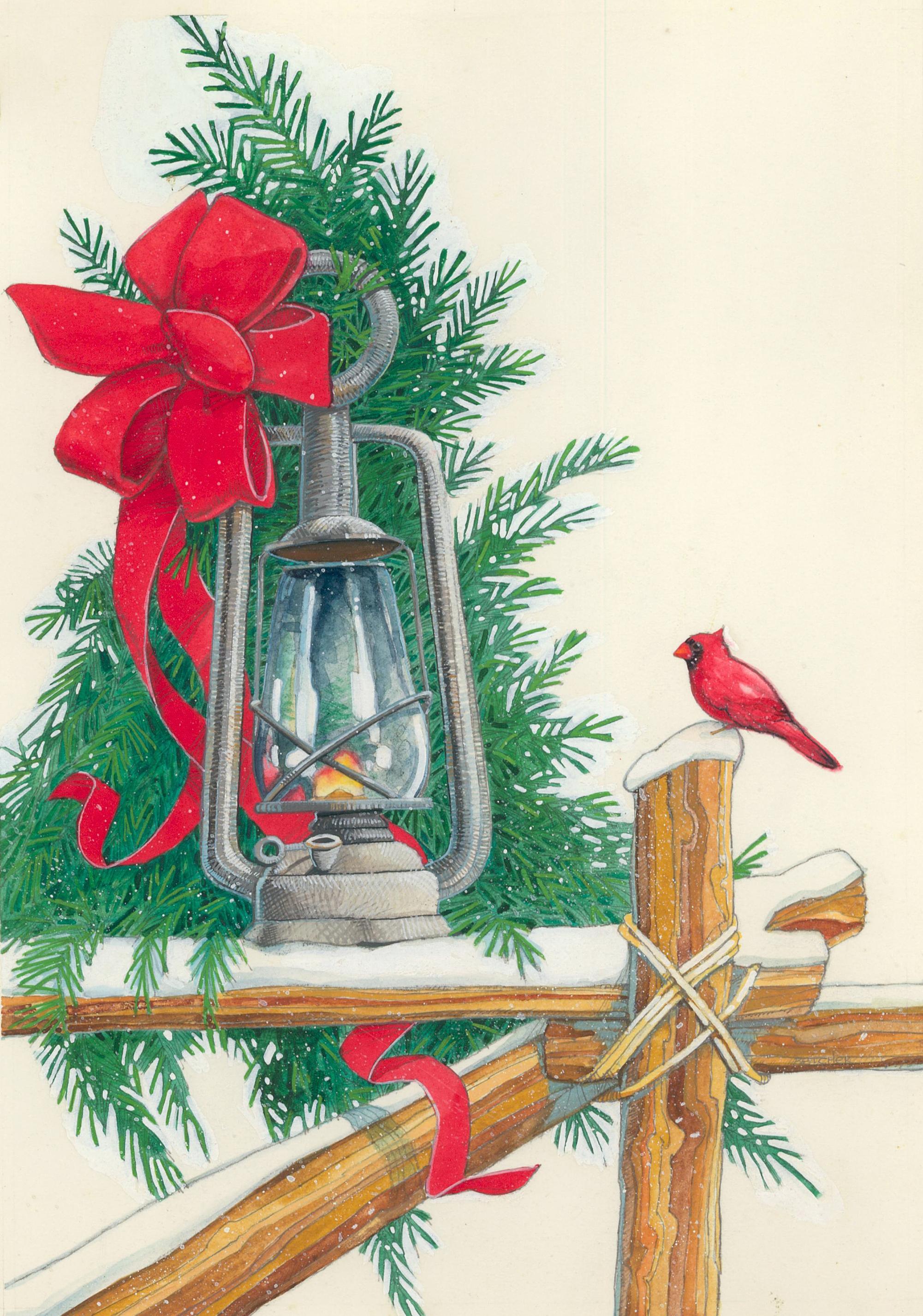 Unknown Still-Life Painting - Lantern & Cardinal in Snow Holiday Watercolor