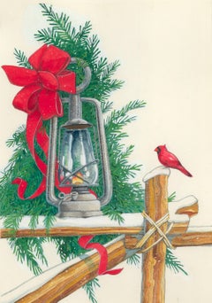 Lanterne et Cardinal en forme de neige, aquarelle de vacances