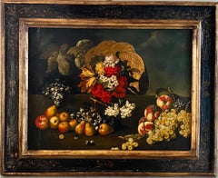 Vintage Large 17th century style Italian old master painting - Still life grapes flowers