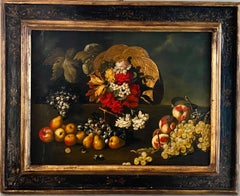 Grand tableau de maître ancien italien de style 17ème siècle - Nature morte fleurs de raisin