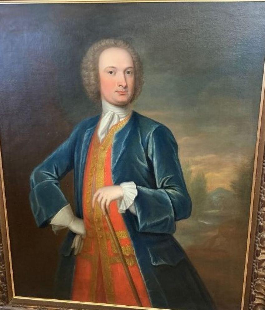 large 18th century portrait gentleman oil on canvas - Black Portrait Painting by Unknown