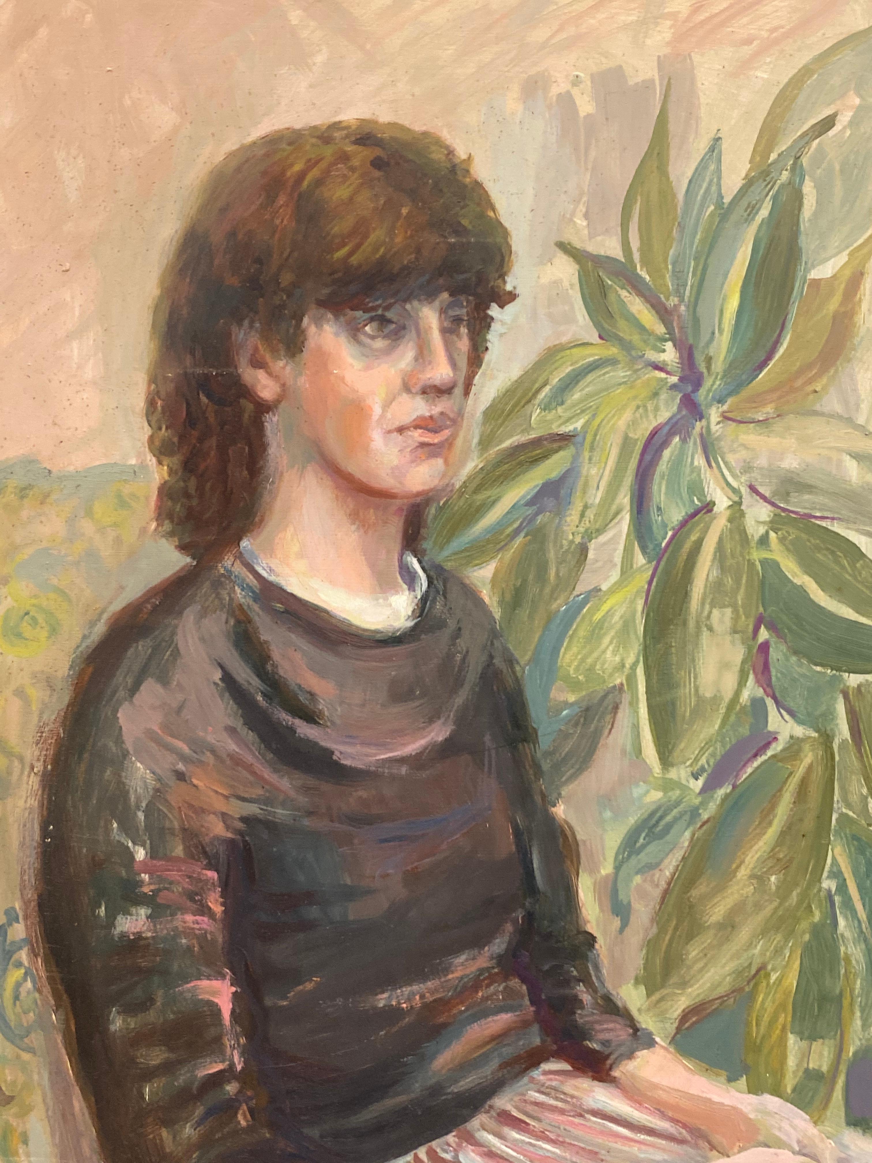 Large 1960's British Original Oil Painting, Lady Sat Among Green Plants - Beige Figurative Painting by Unknown