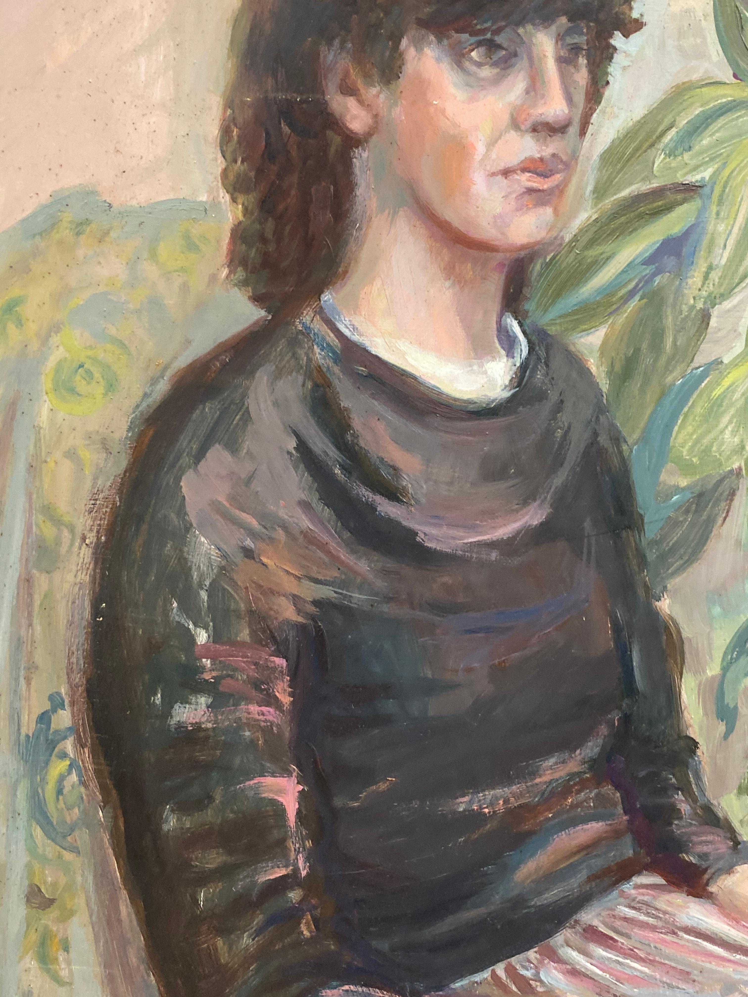Large 1960's British Original Oil Painting, Lady Sat Among Green Plants For Sale 1