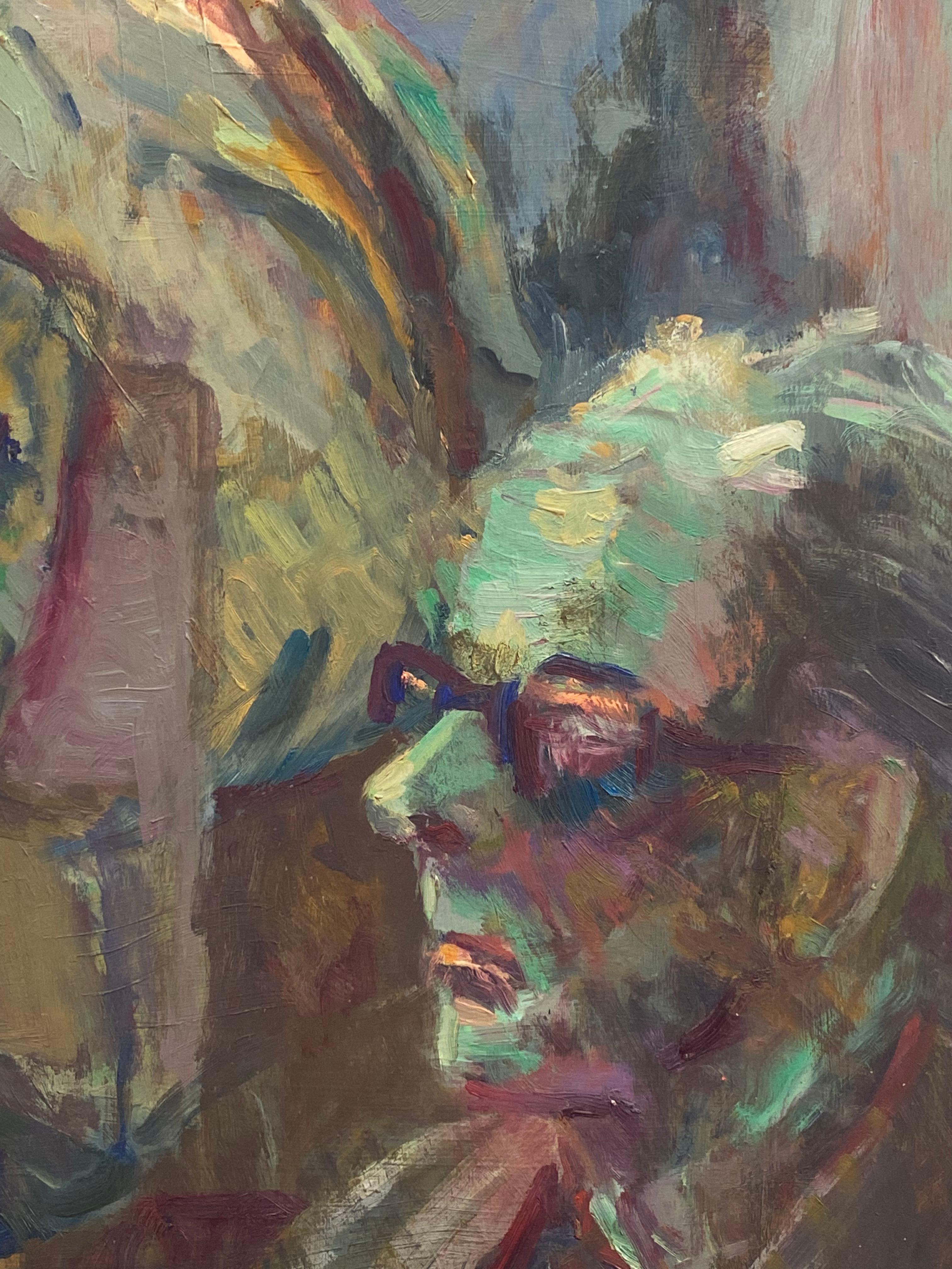 Large 1960's British Original Oil Painting, Three Figures with Glasses - Gray Abstract Painting by Unknown