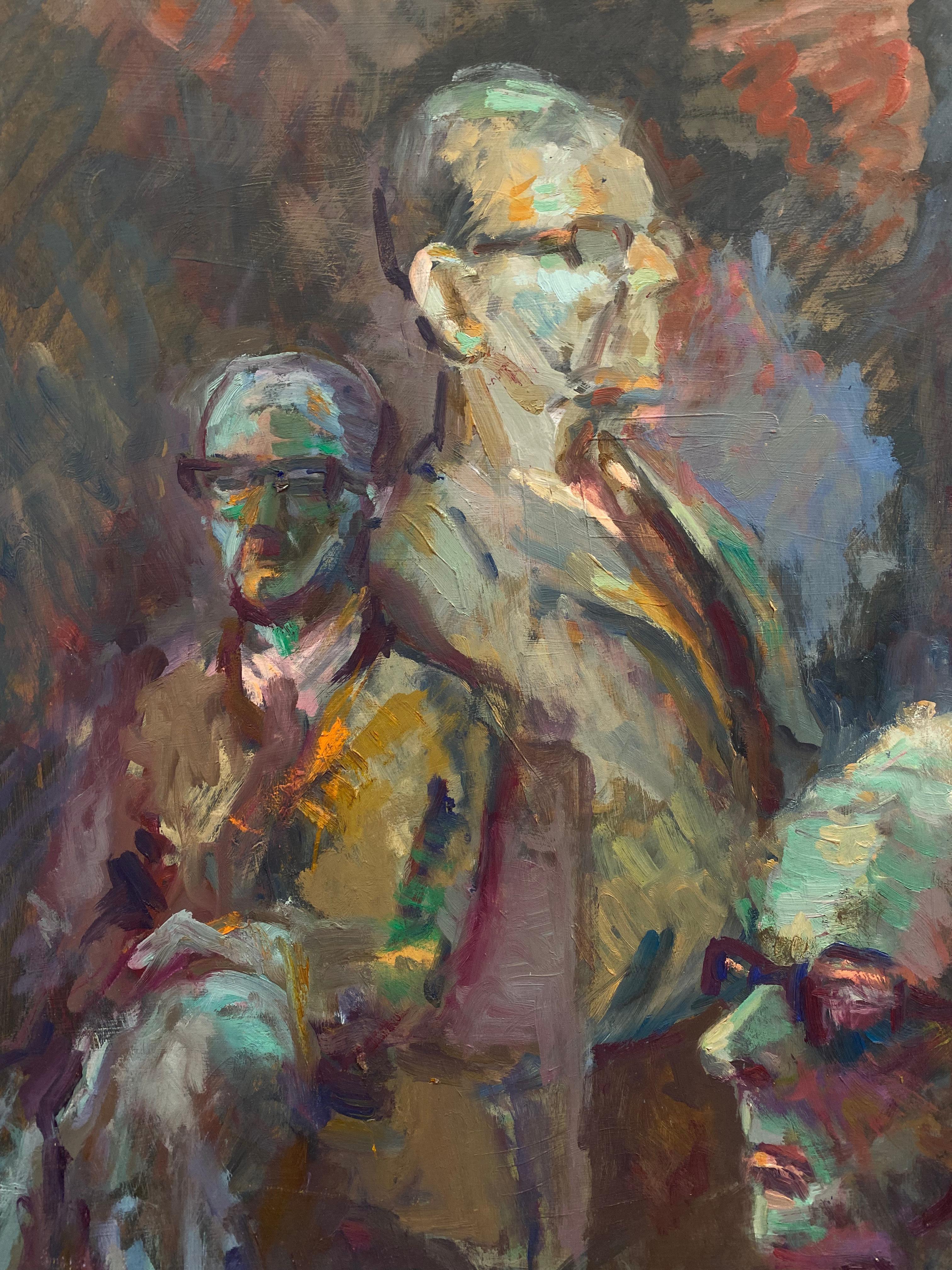 Large 1960's British Original Oil Painting, Three Figures with Glasses For Sale 3