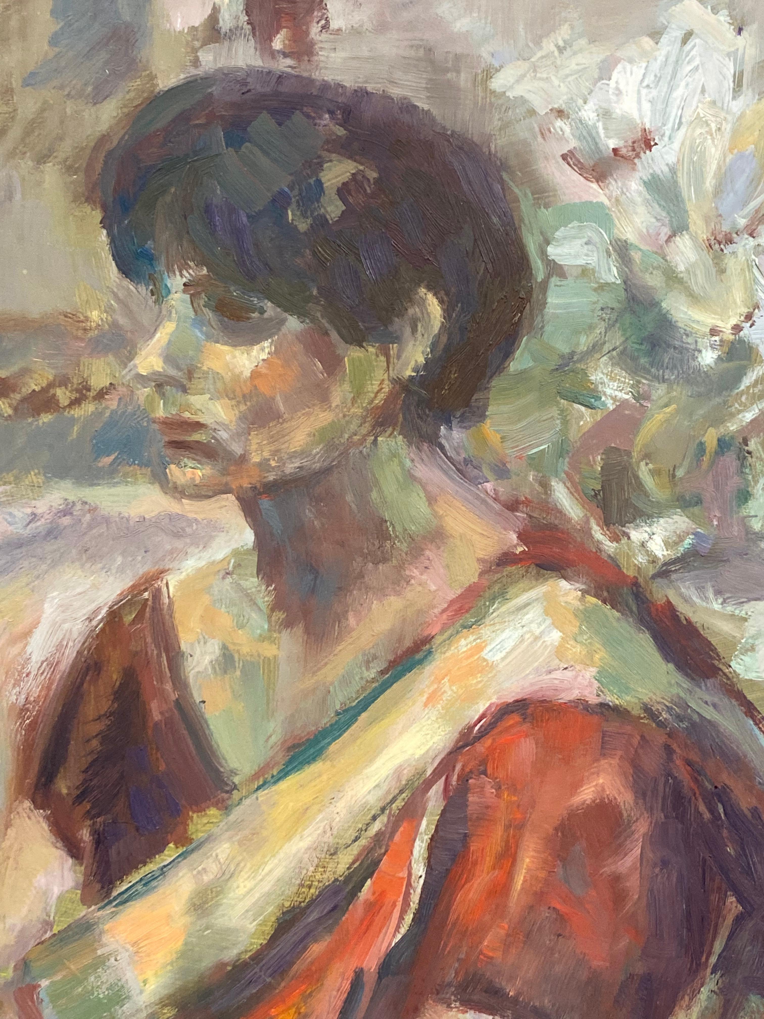 Large 1960's British Original Oil Painting, Woman Sat on Chair For Sale 3