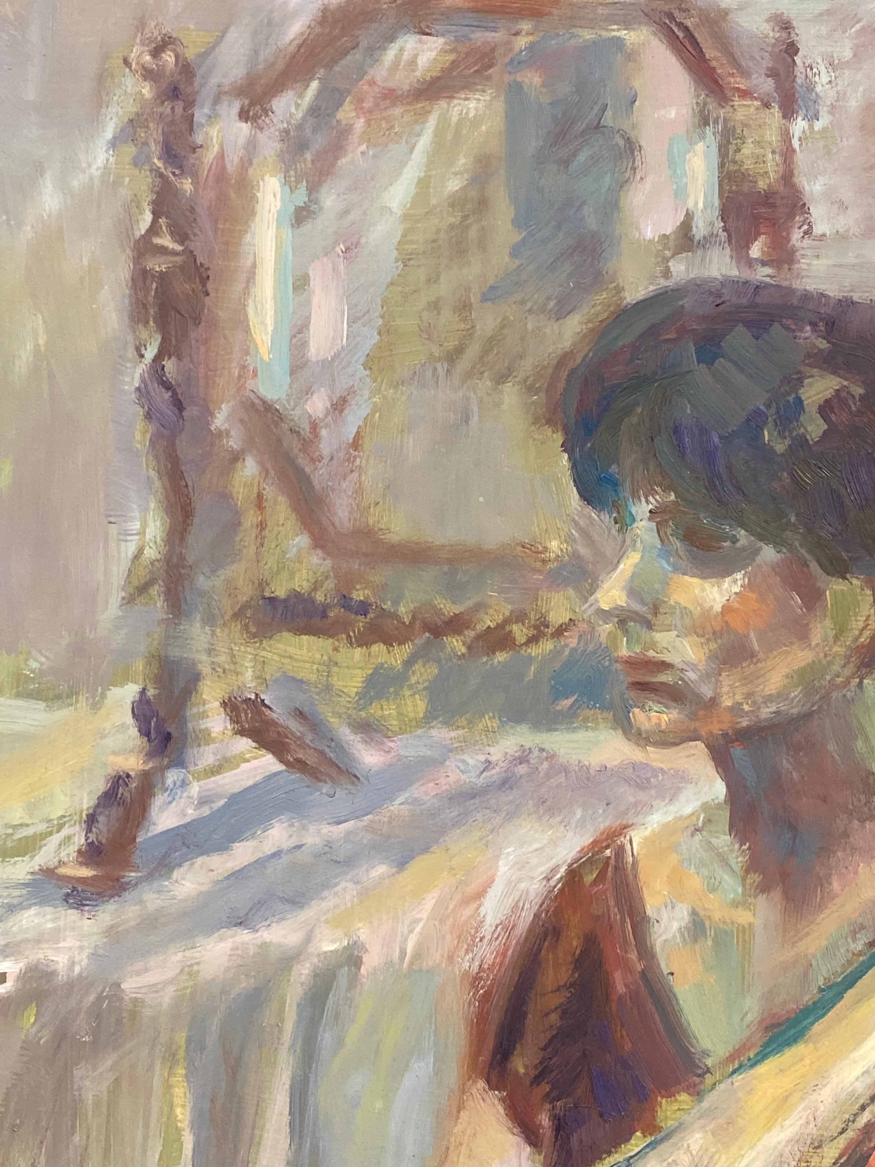 Large 1960's British Original Oil Painting, Woman Sat on Chair For Sale 5