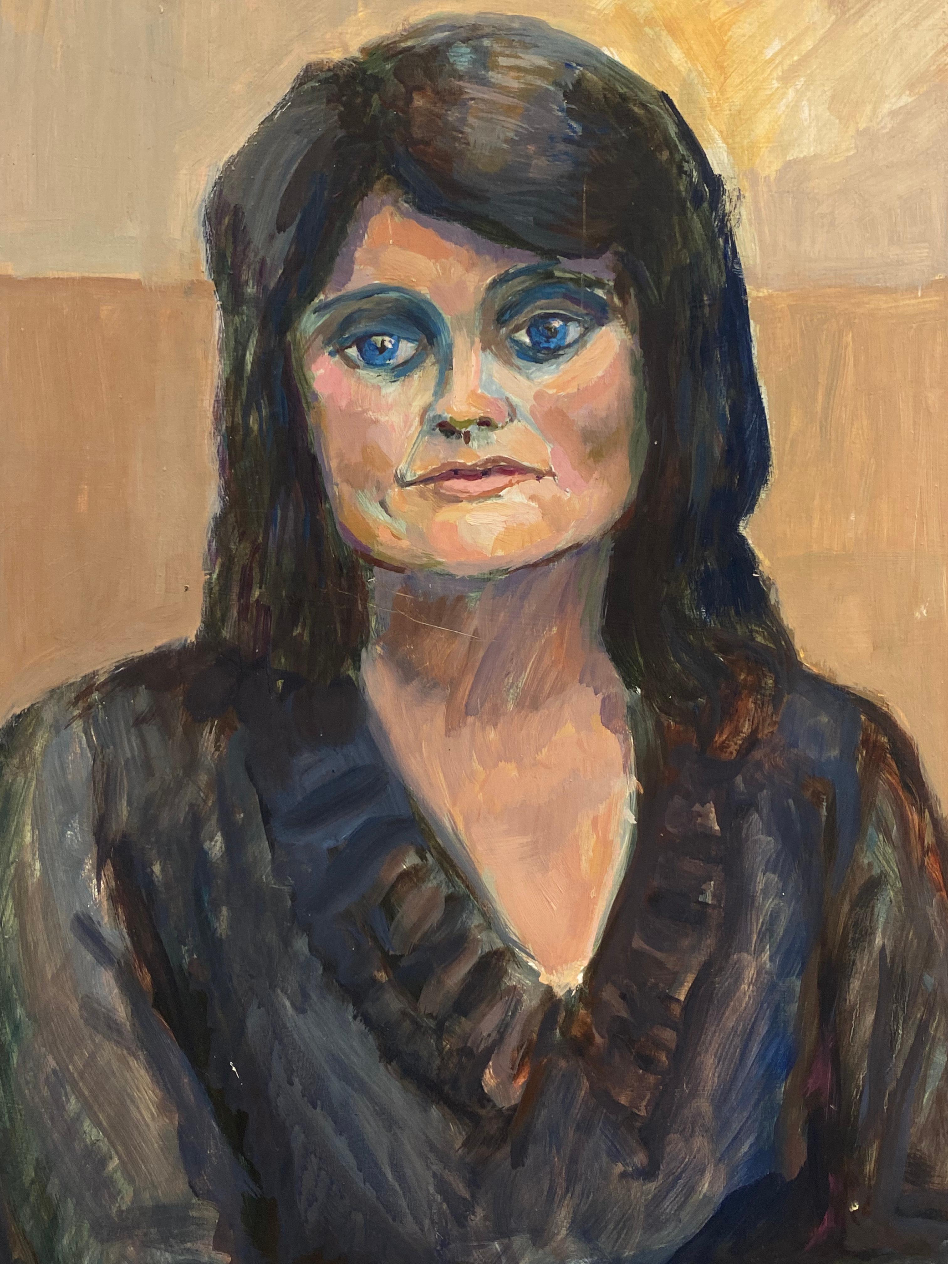Large 1960's British Portrait of The Lady with Blue Eyes Original Oil Painting - Brown Figurative Painting by Unknown