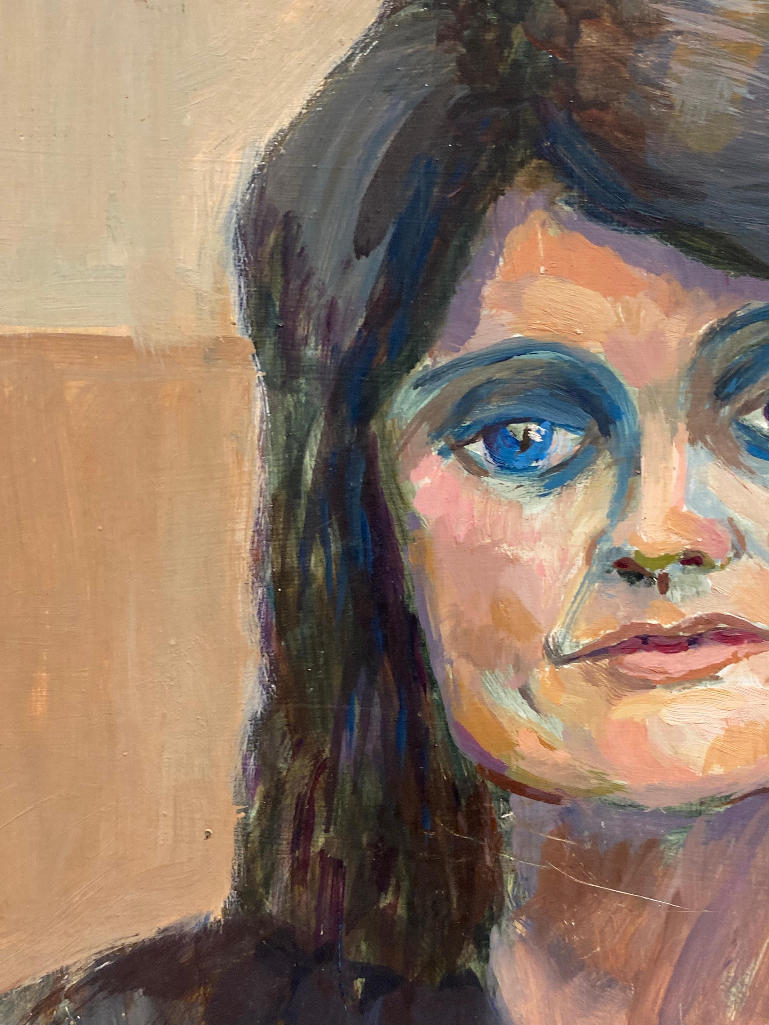 Large 1960's British Portrait of The Lady with Blue Eyes Original Oil Painting For Sale 1