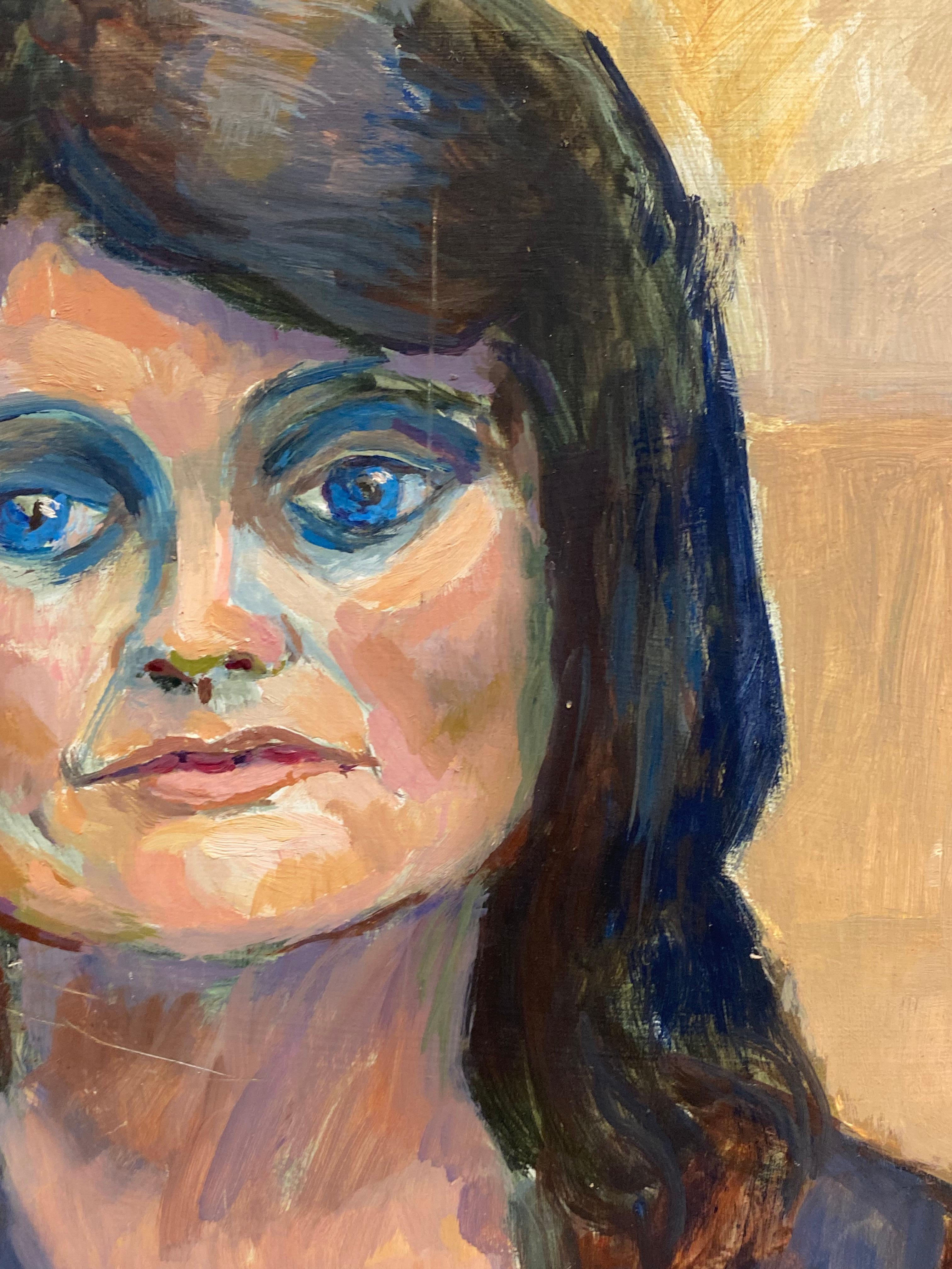 Large 1960's British Portrait of The Lady with Blue Eyes Original Oil Painting For Sale 2
