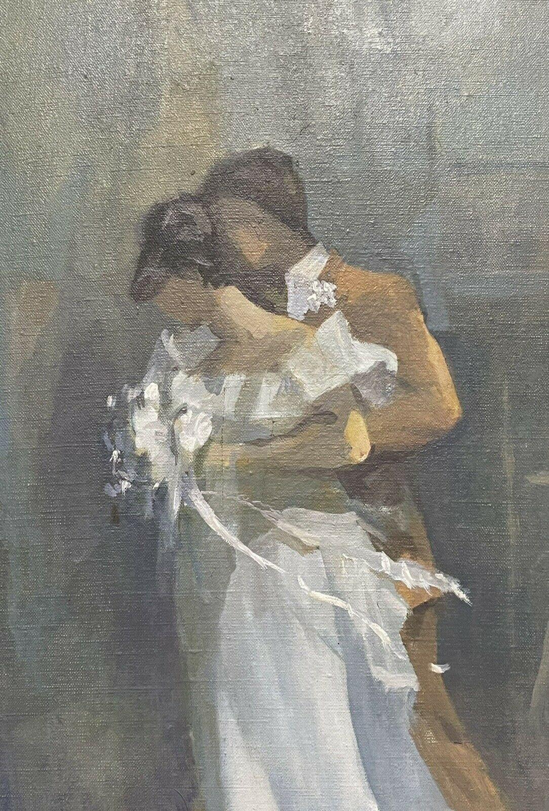 LARGE 1980'S BRITISH IMPRESSIONIST SIGNED OIL - THE BRIDGE & GROOM WEDDING PARTY - Gray Portrait Painting by Unknown