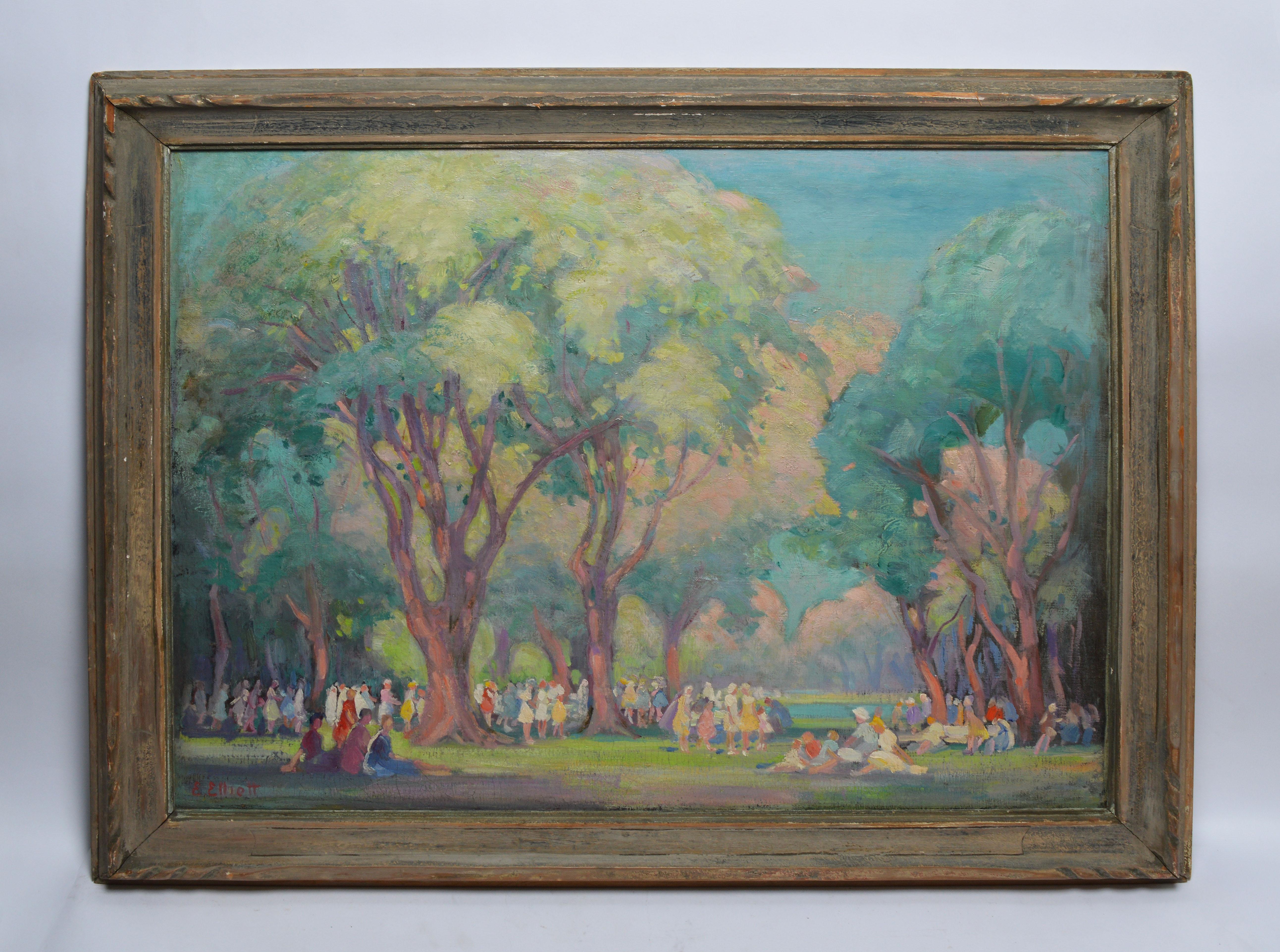 Large 19th Century Antique American Impressionist School Figures in a Park - Painting by Unknown