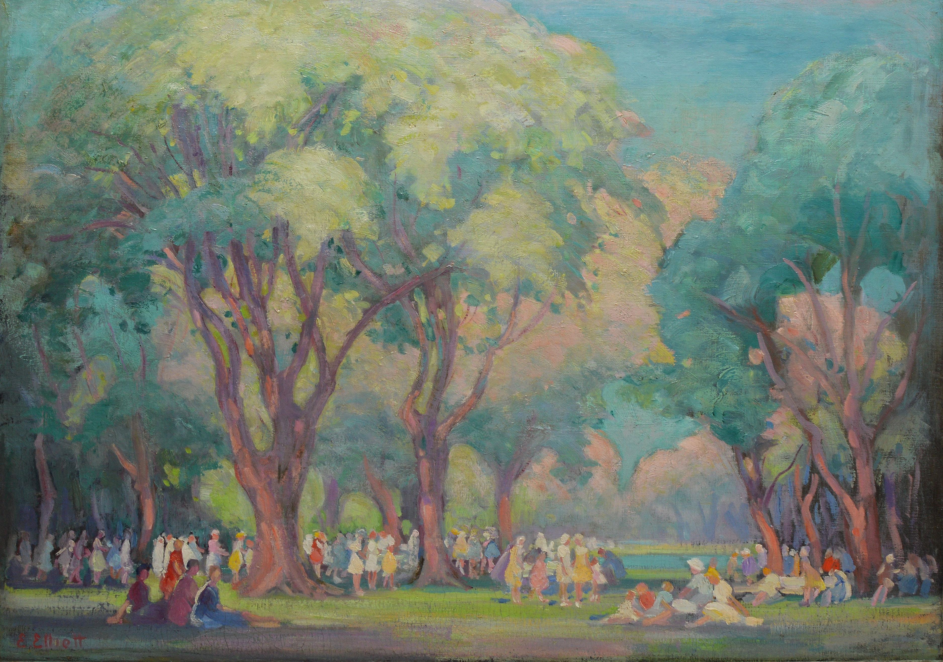 Large 19th Century Antique American Impressionist School Figures in a Park - Gray Landscape Painting by Unknown