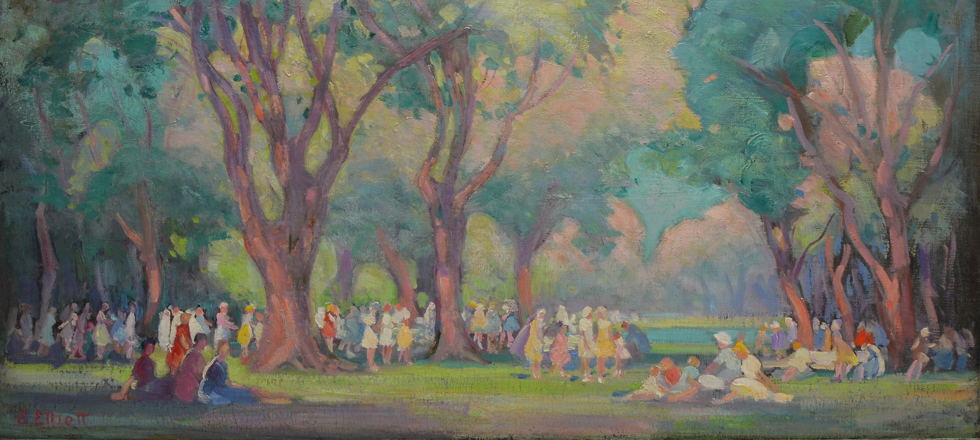 Antique American school impressionsit park landscape painting.  Oil on board, circa 1900.  Signed lower left.
 Displayed in a period impressionist frame.  Image size, 32