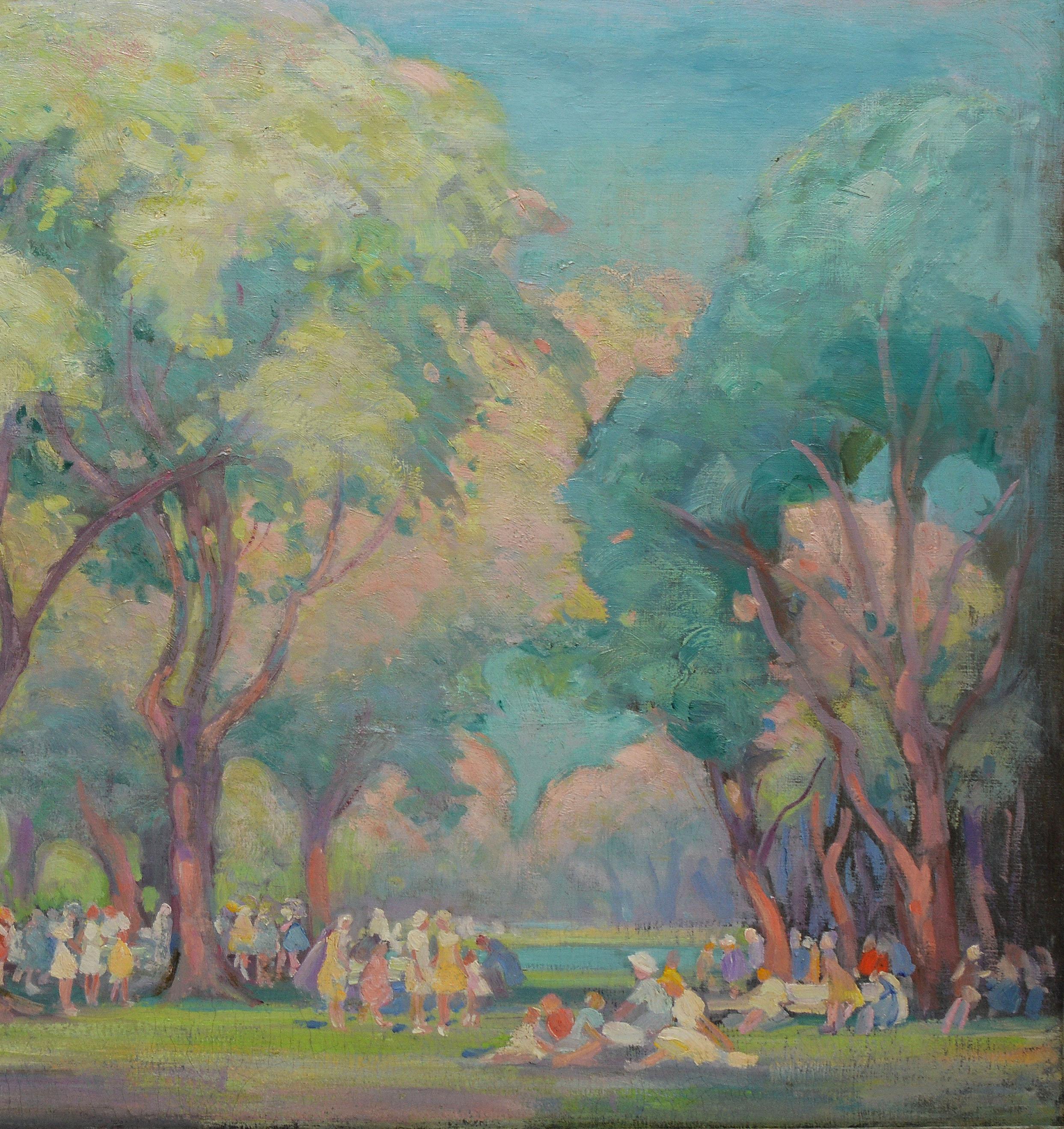 Large 19th Century Antique American Impressionist School Figures in a Park 1