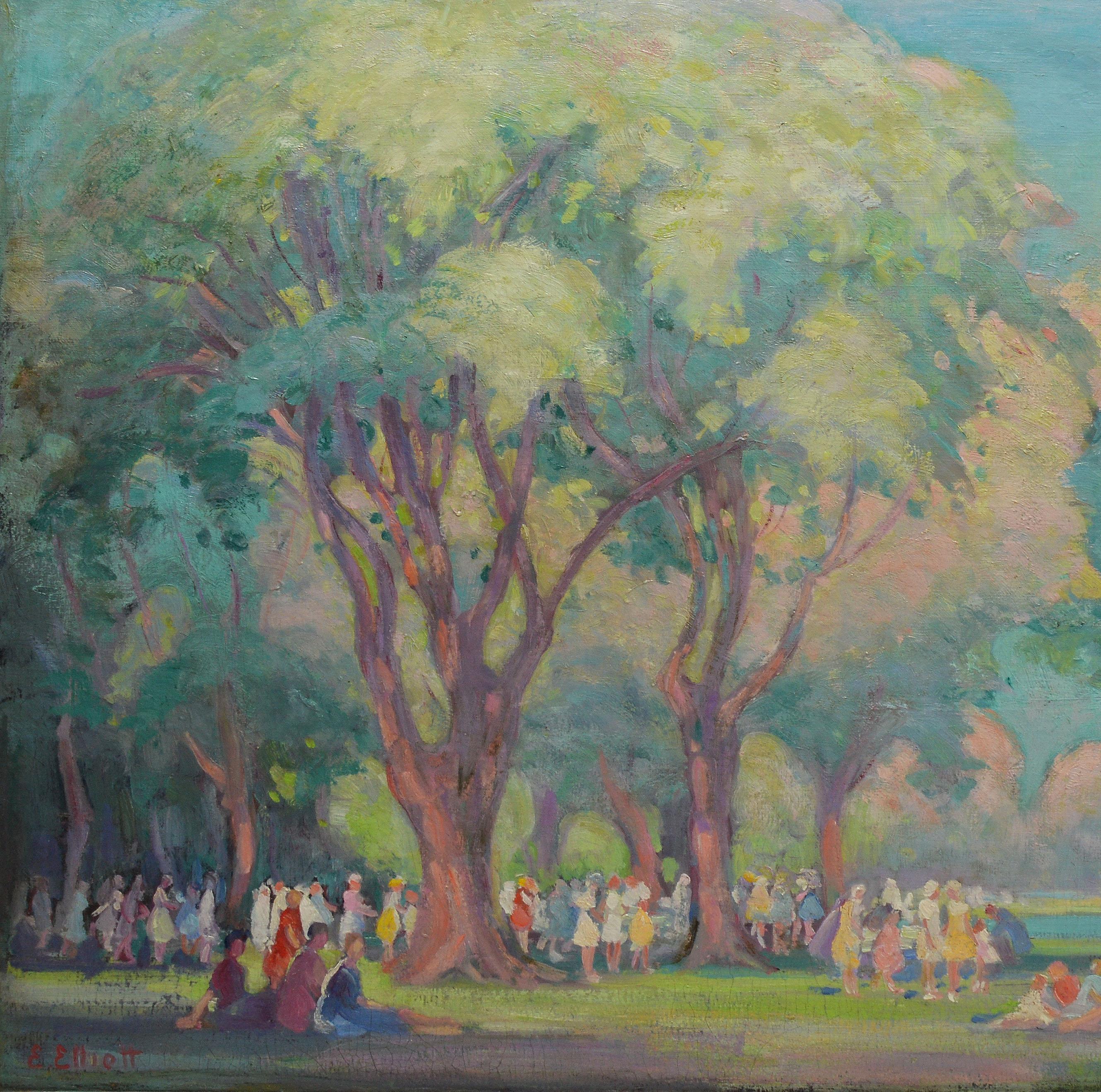 Large 19th Century Antique American Impressionist School Figures in a Park 2