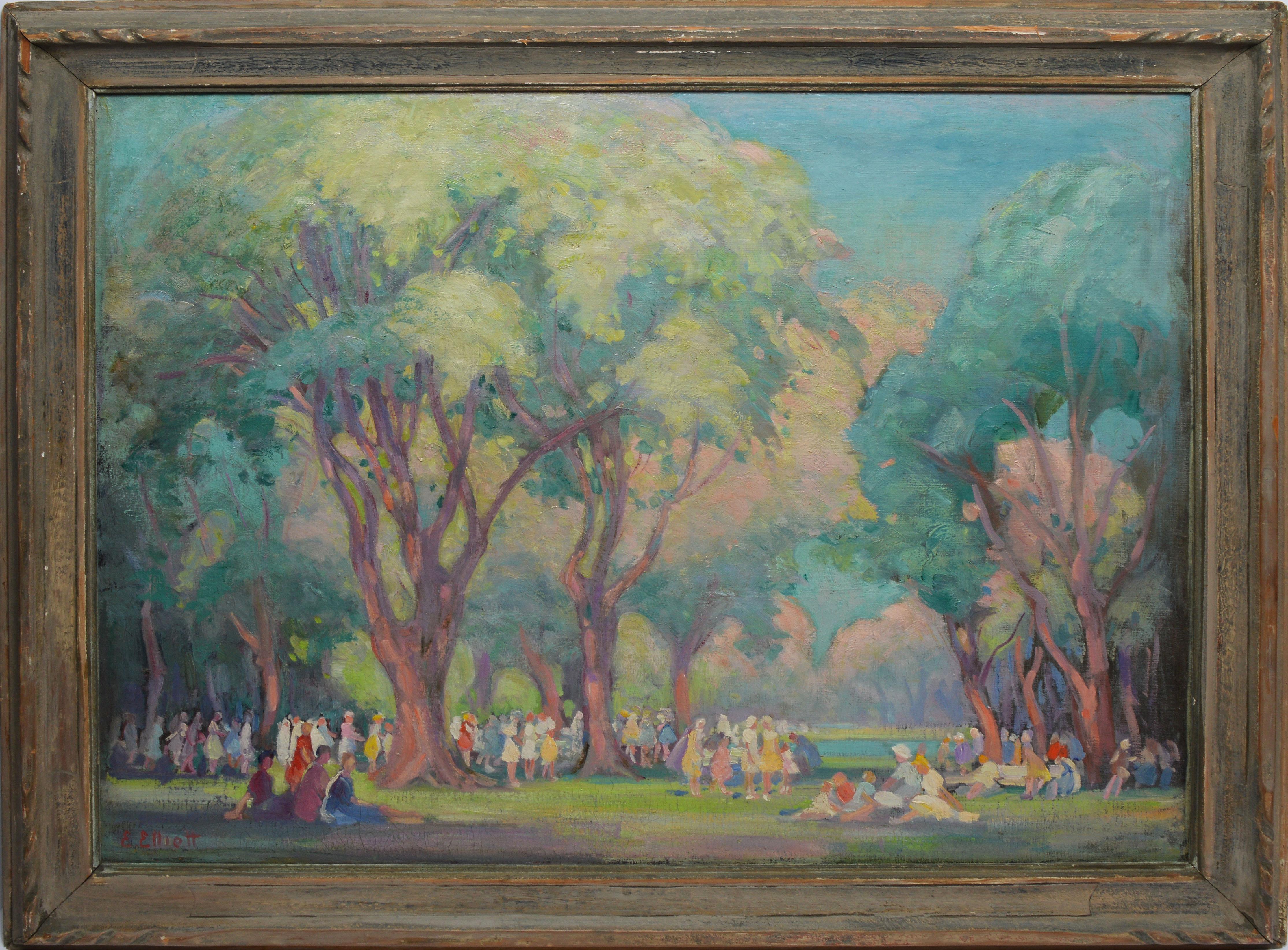 Unknown Landscape Painting - Large 19th Century Antique American Impressionist School Figures in a Park