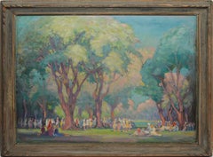 Large 19th Century Antique American Impressionist School Figures in a Park