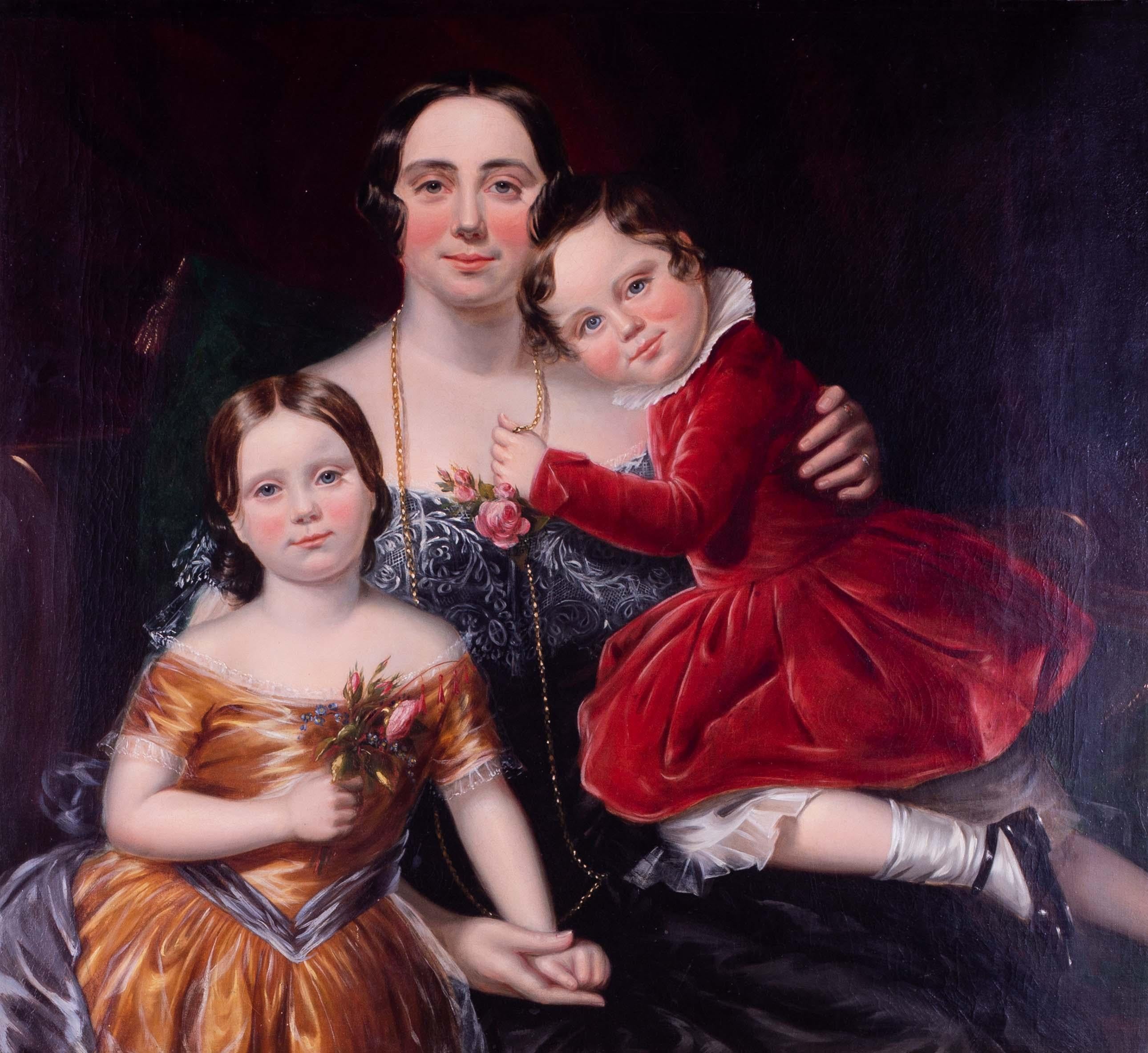 Large, 19th Century, English school family portrait, a mother and children - Painting by Unknown