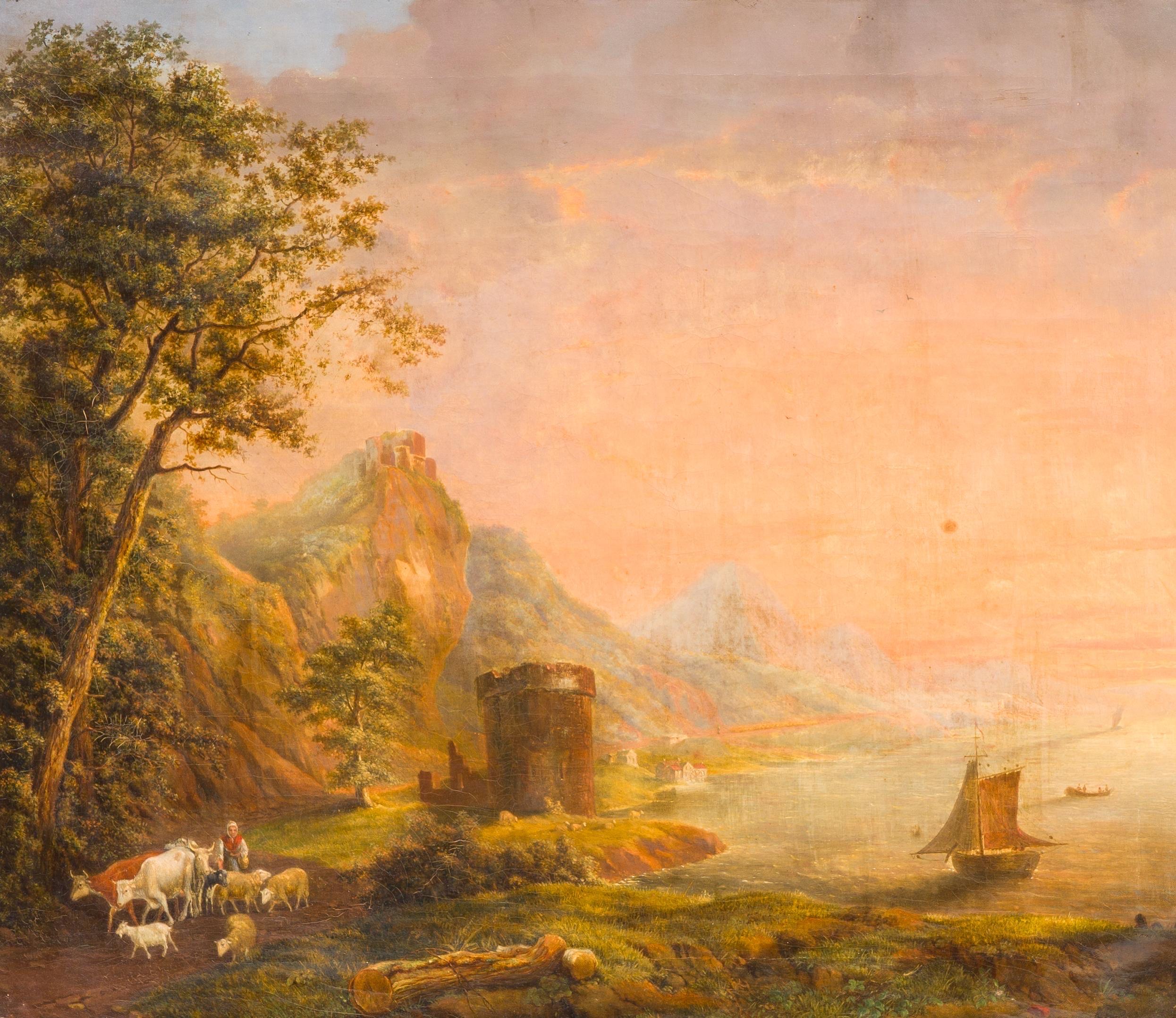 Large 19th century European romantic landscape Sunset, shepherdess and her flock - Orange Landscape Painting by Unknown