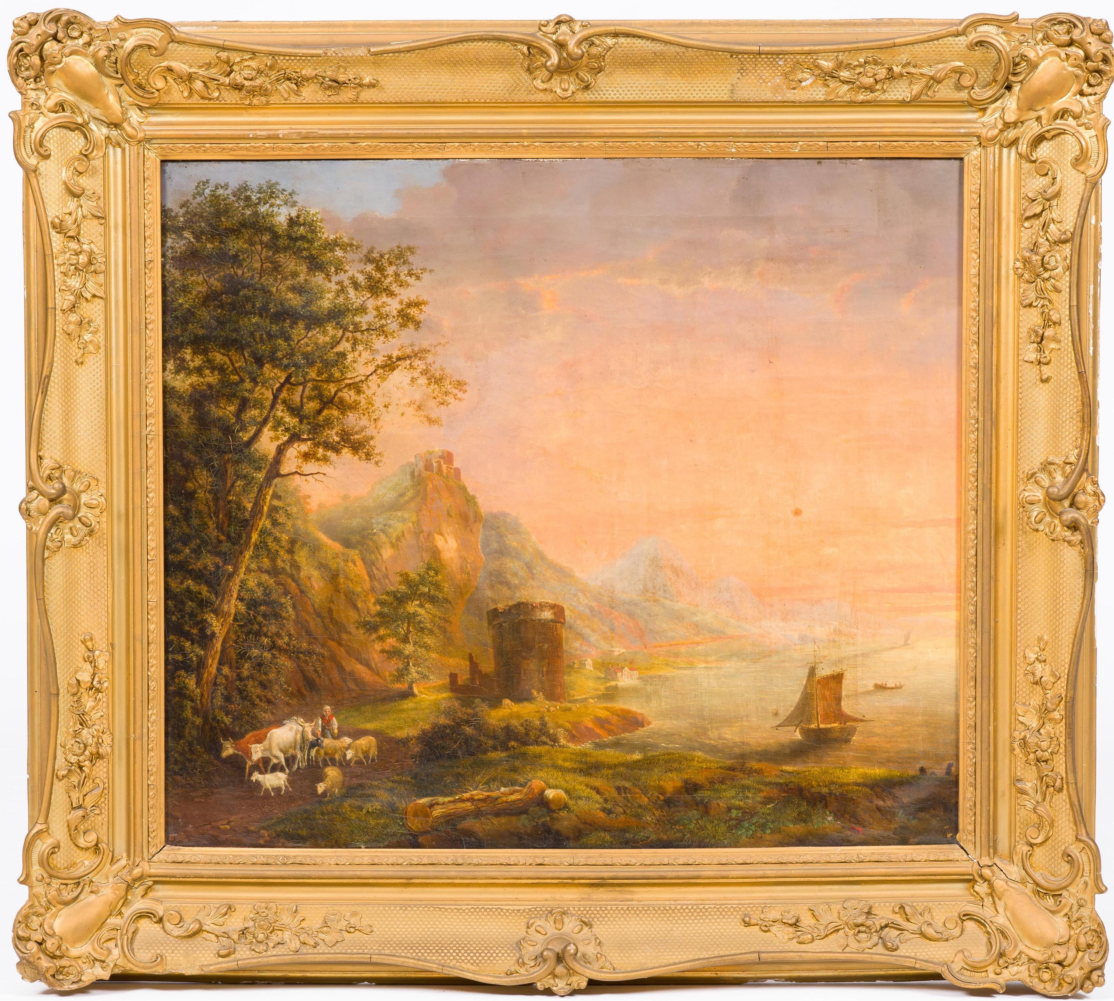 Unknown Landscape Painting - Large 19th century European romantic landscape Sunset, shepherdess and her flock
