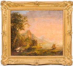 Large 19th century European romantic landscape Sunset, shepherdess and her flock