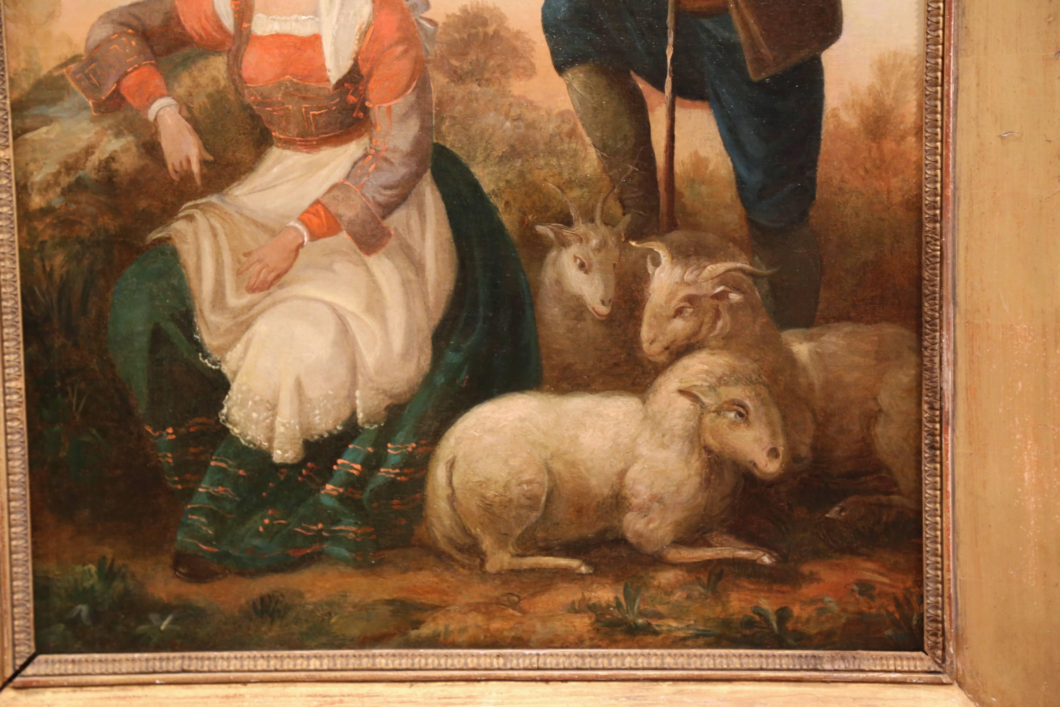 Large 19th Century French Shepherds and Sheep Oil Painting in Gilt Frame - Brown Figurative Painting by Unknown