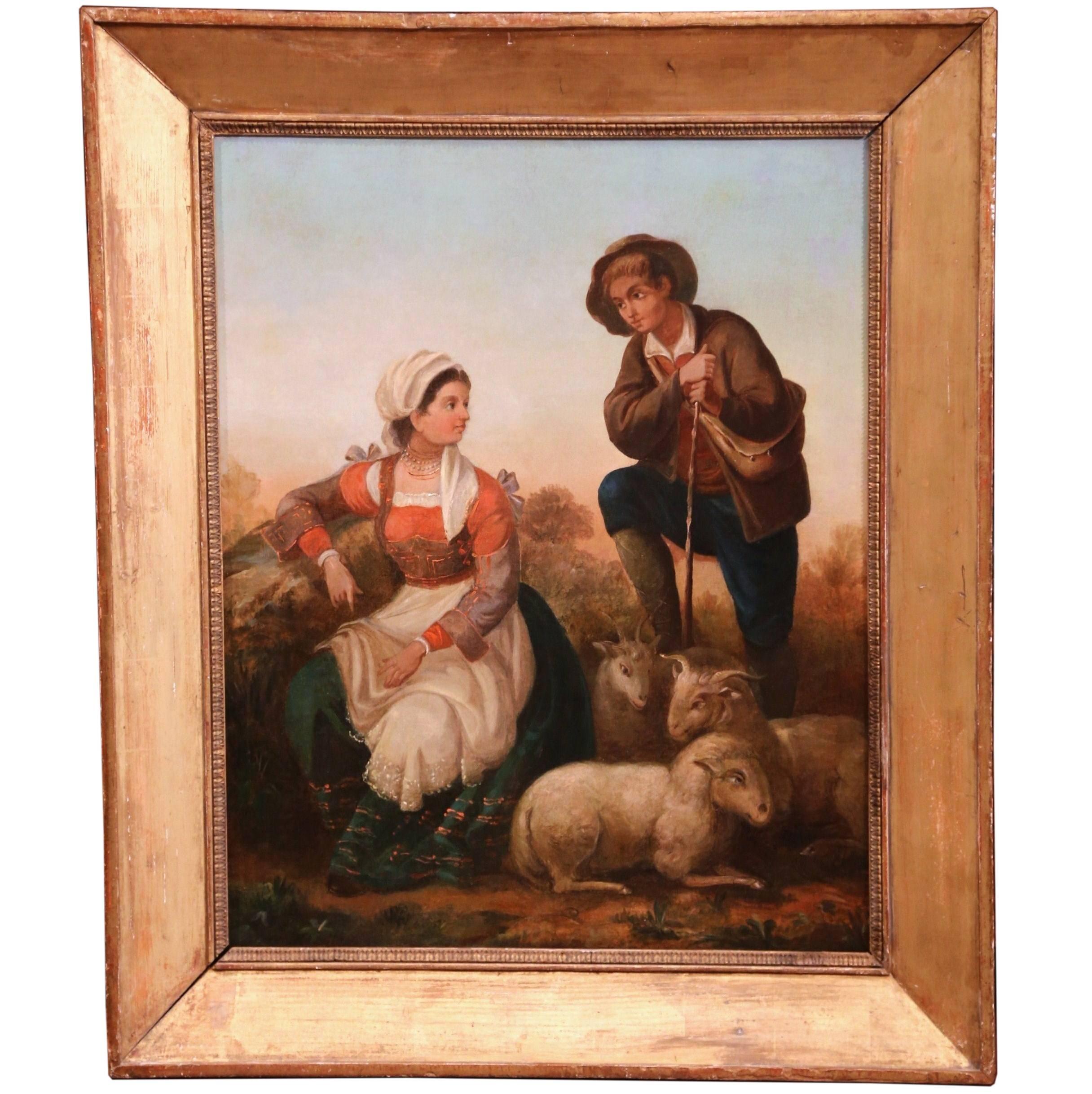 Unknown Figurative Painting - Large 19th Century French Shepherds and Sheep Oil Painting in Gilt Frame